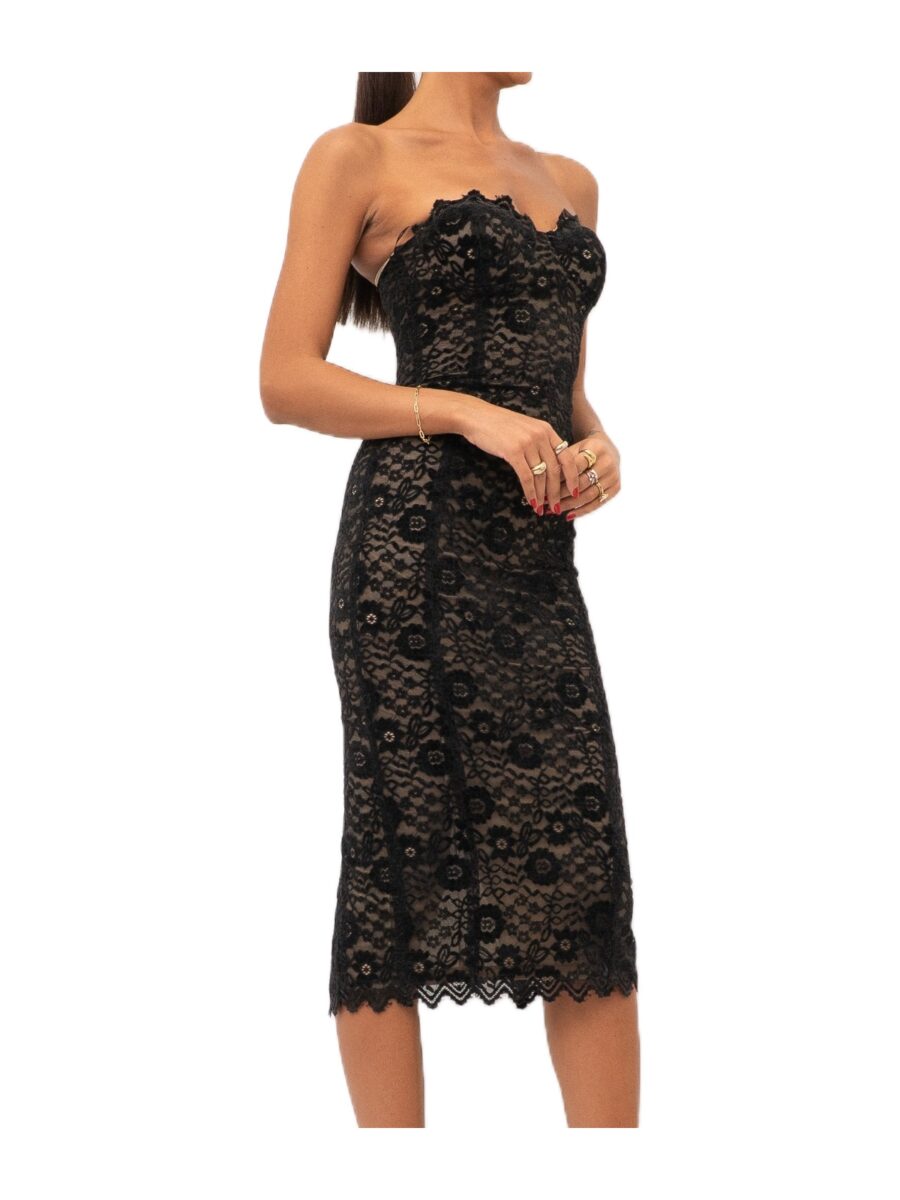 Abito longuette nero in pizzo con strass e scollo a cuore senza spalline alma sanchez
