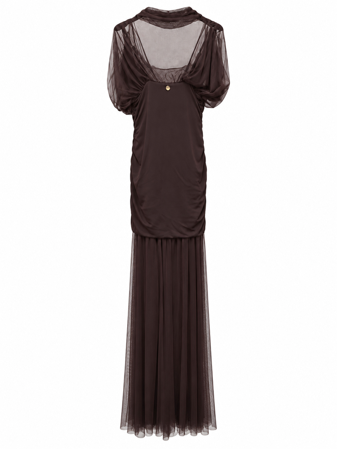 Abito lungo in tulle color moka con maniche corte e ampie, drappeggi sul corpetto e gonna trasparente MDM