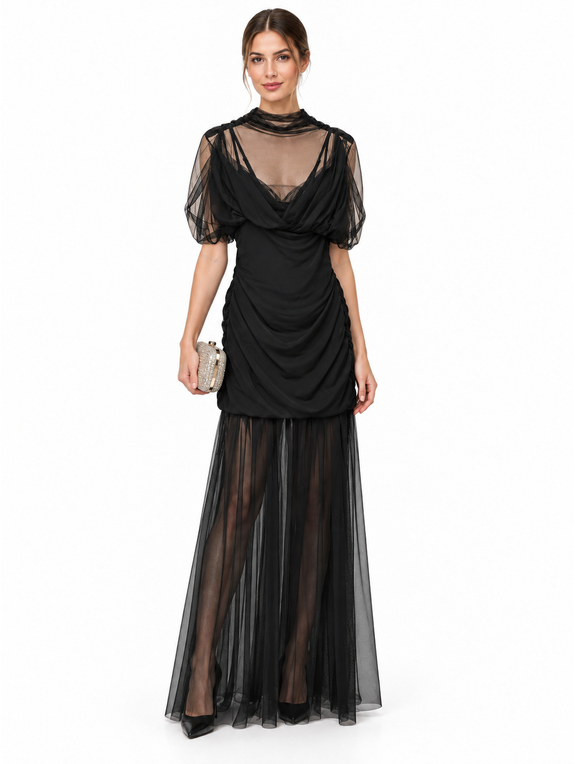 Abito lungo in tulle color moka con maniche corte e ampie, drappeggi sul corpetto e gonna trasparente MDM
