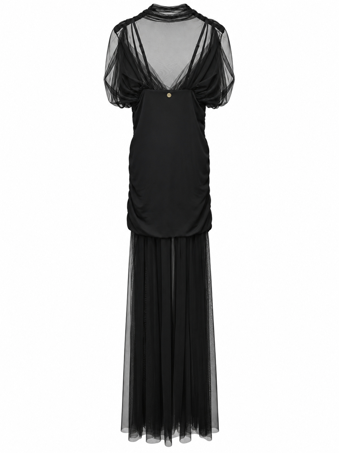 Abito lungo in tulle color moka con maniche corte e ampie, drappeggi sul corpetto e gonna trasparente MDM