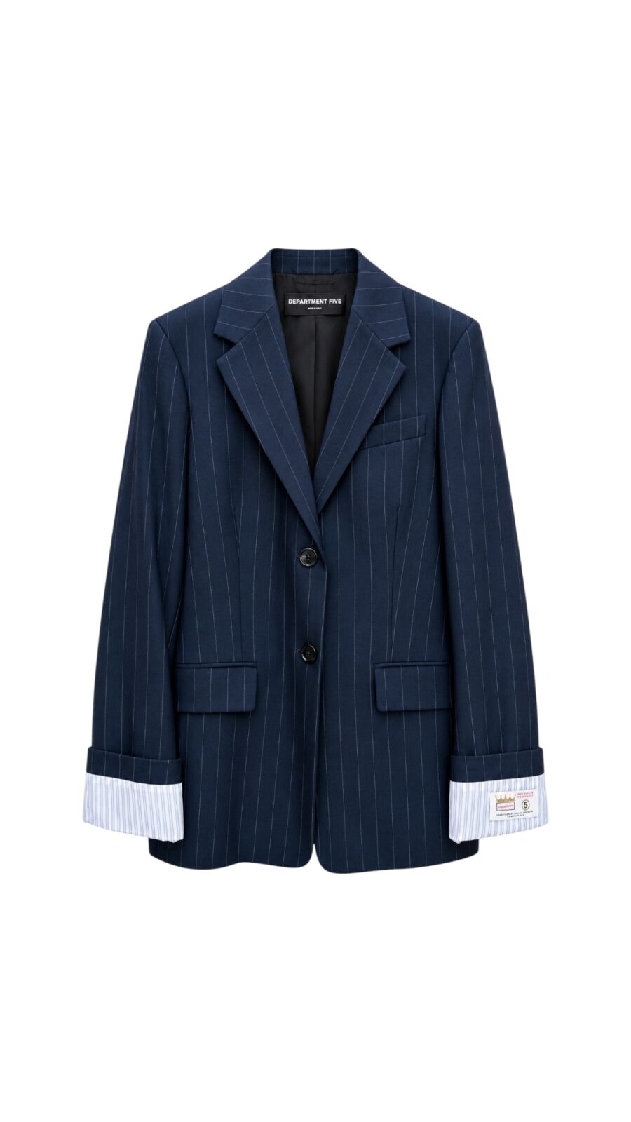 Giacca blu a righe sottili bianche DEPARTMENT FIVE modello Balzac con due bottoni e polsini risvoltati a righe bianche e blu chiaro