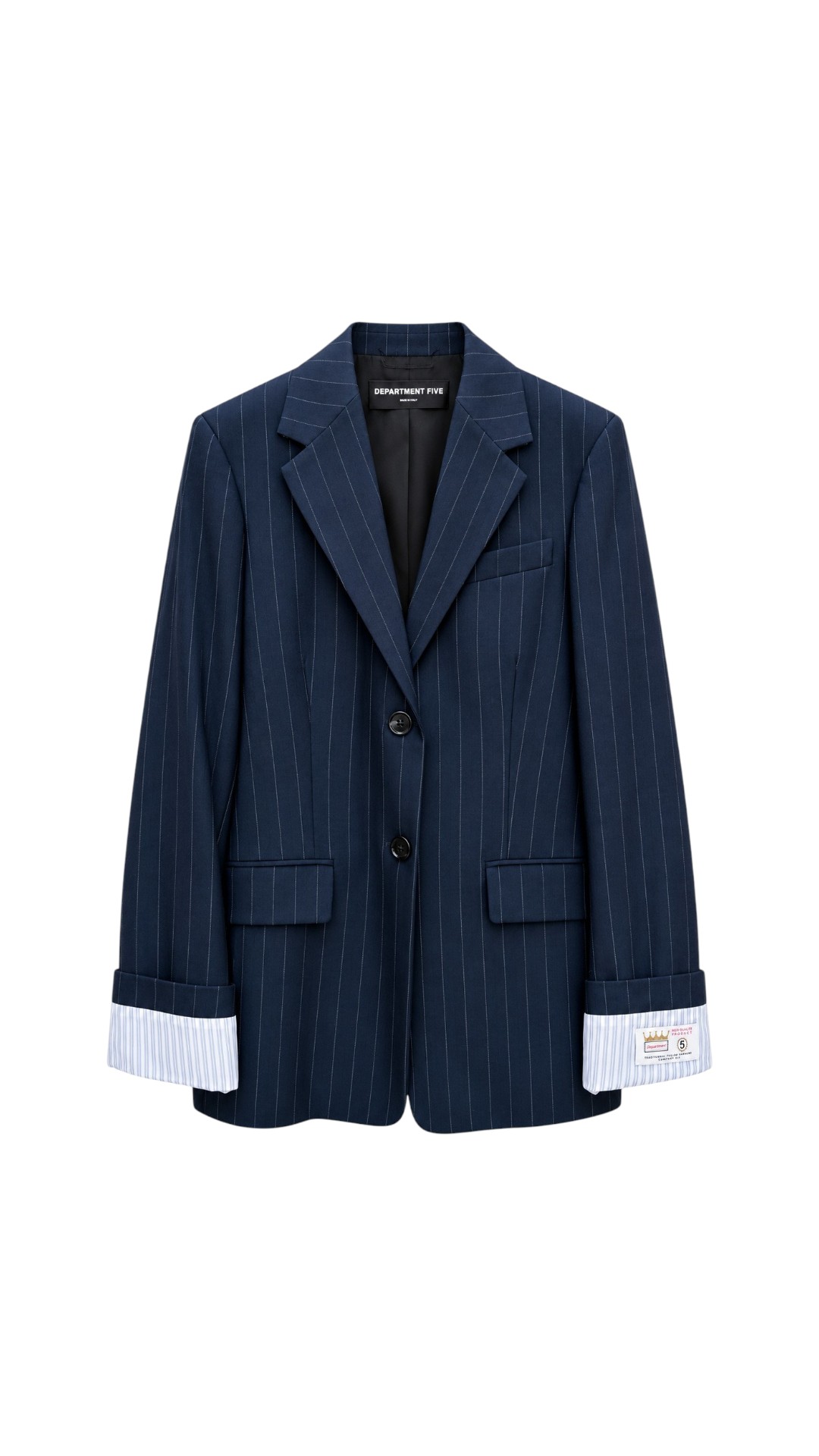 Giacca blu a righe sottili bianche DEPARTMENT FIVE modello Balzac con due bottoni e polsini risvoltati a righe bianche e blu chiaro