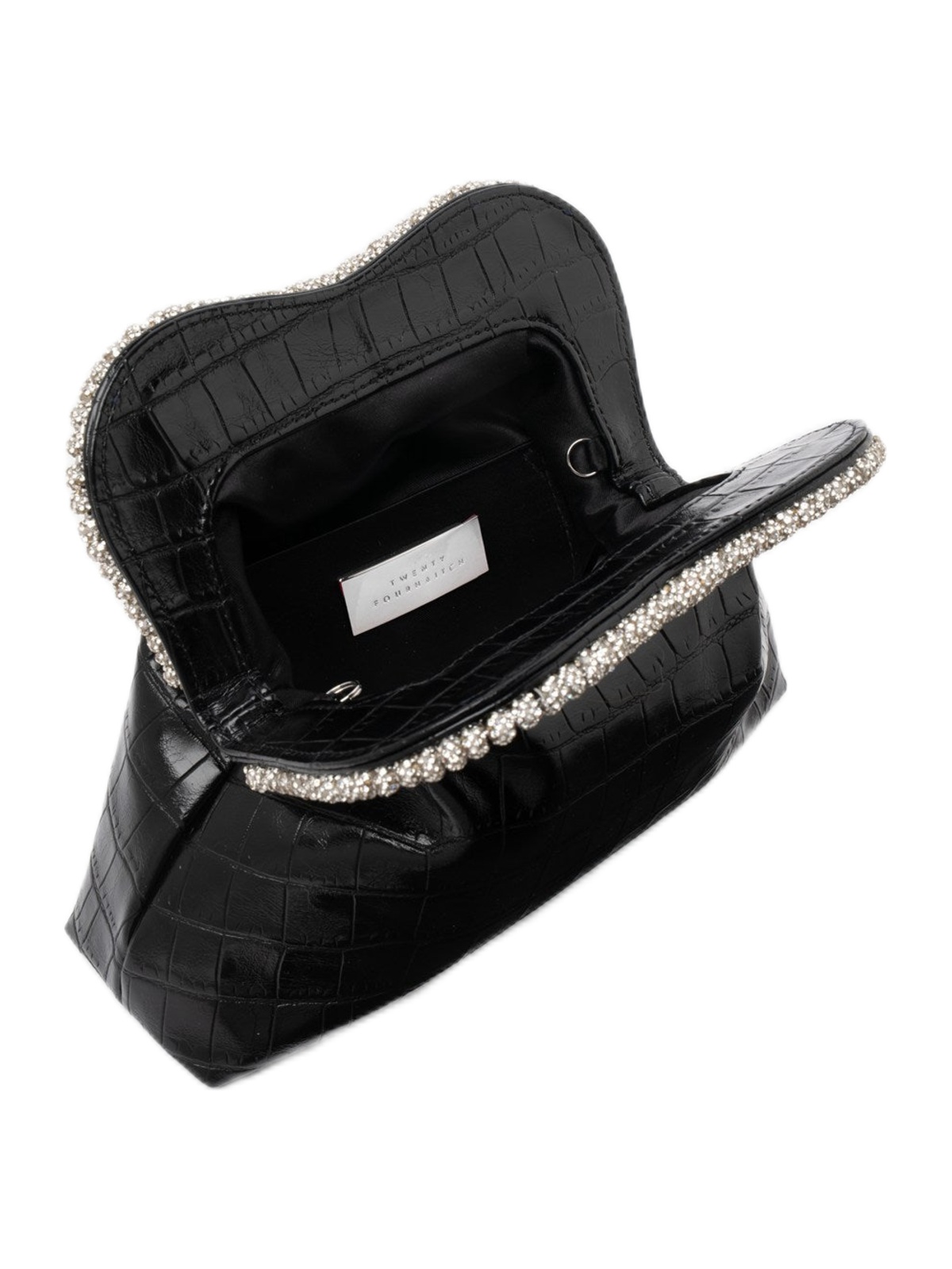 Borsa Tyrene TWENTYFOURHAITCH nero effetto rettile con chiusura di perle argentate e tracolla metallica