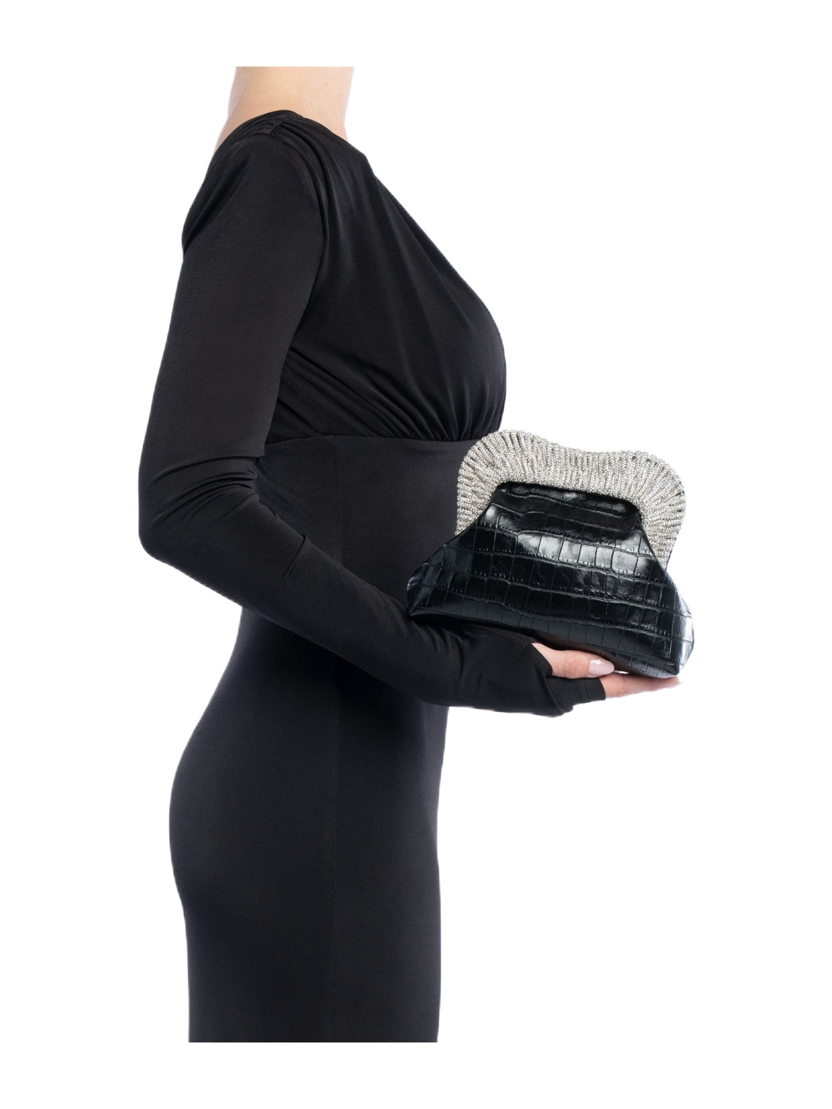 Borsa Tyrene TWENTYFOURHAITCH nero effetto rettile con chiusura di perle argentate e tracolla metallica