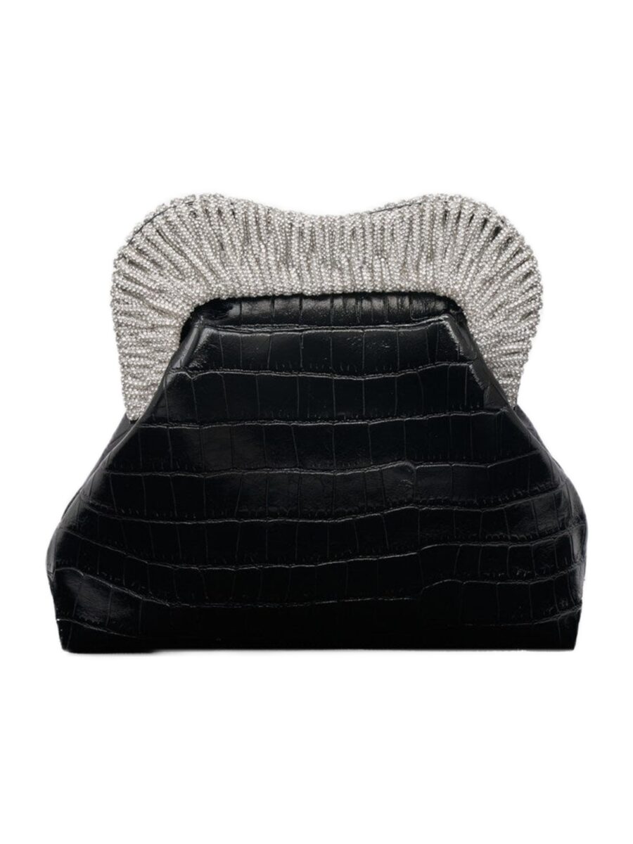 Borsa Tyrene TWENTYFOURHAITCH nero effetto rettile con chiusura di perle argentate e tracolla metallica