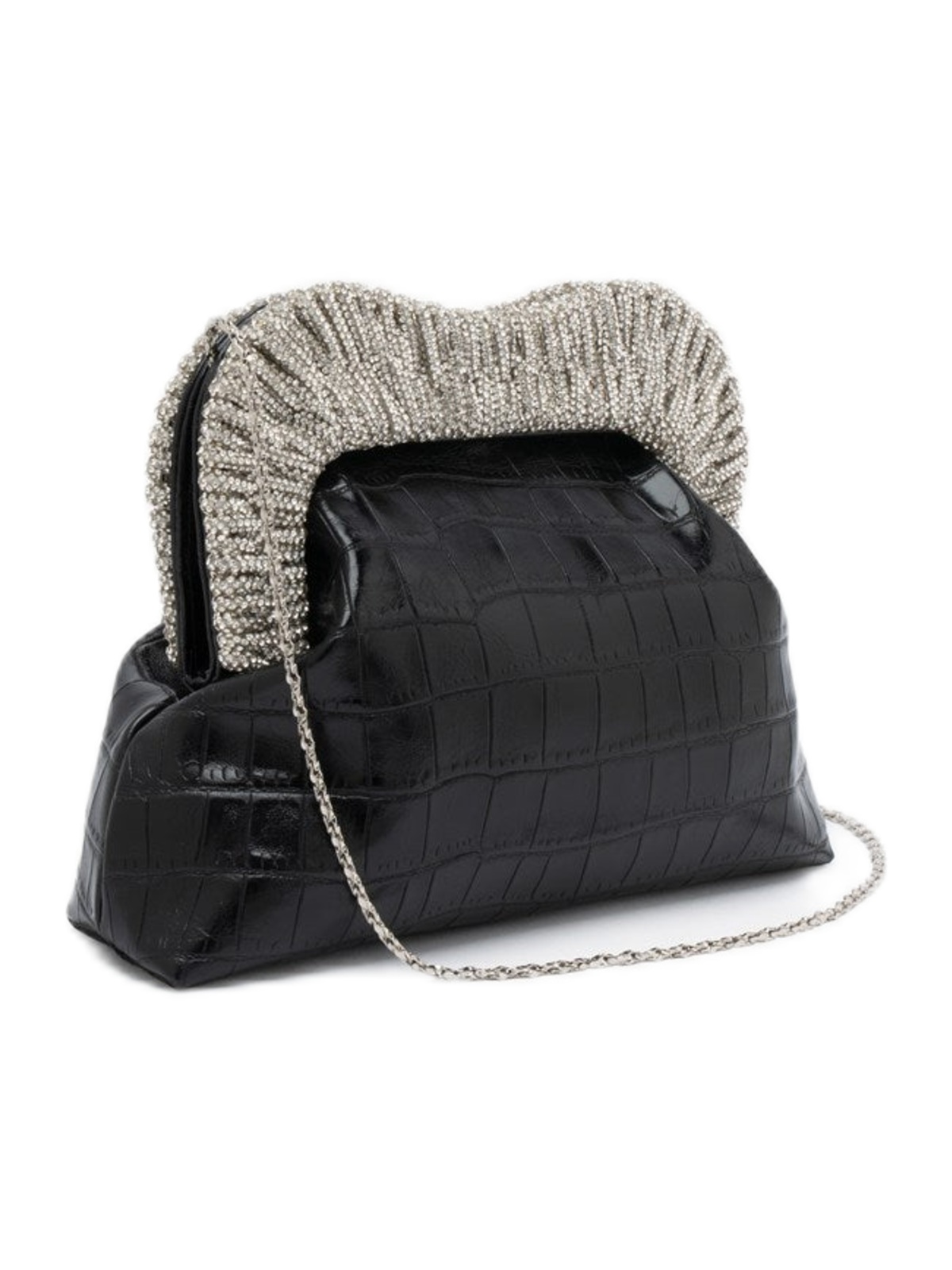 Borsa Tyrene TWENTYFOURHAITCH nero effetto rettile con chiusura di perle argentate e tracolla metallica