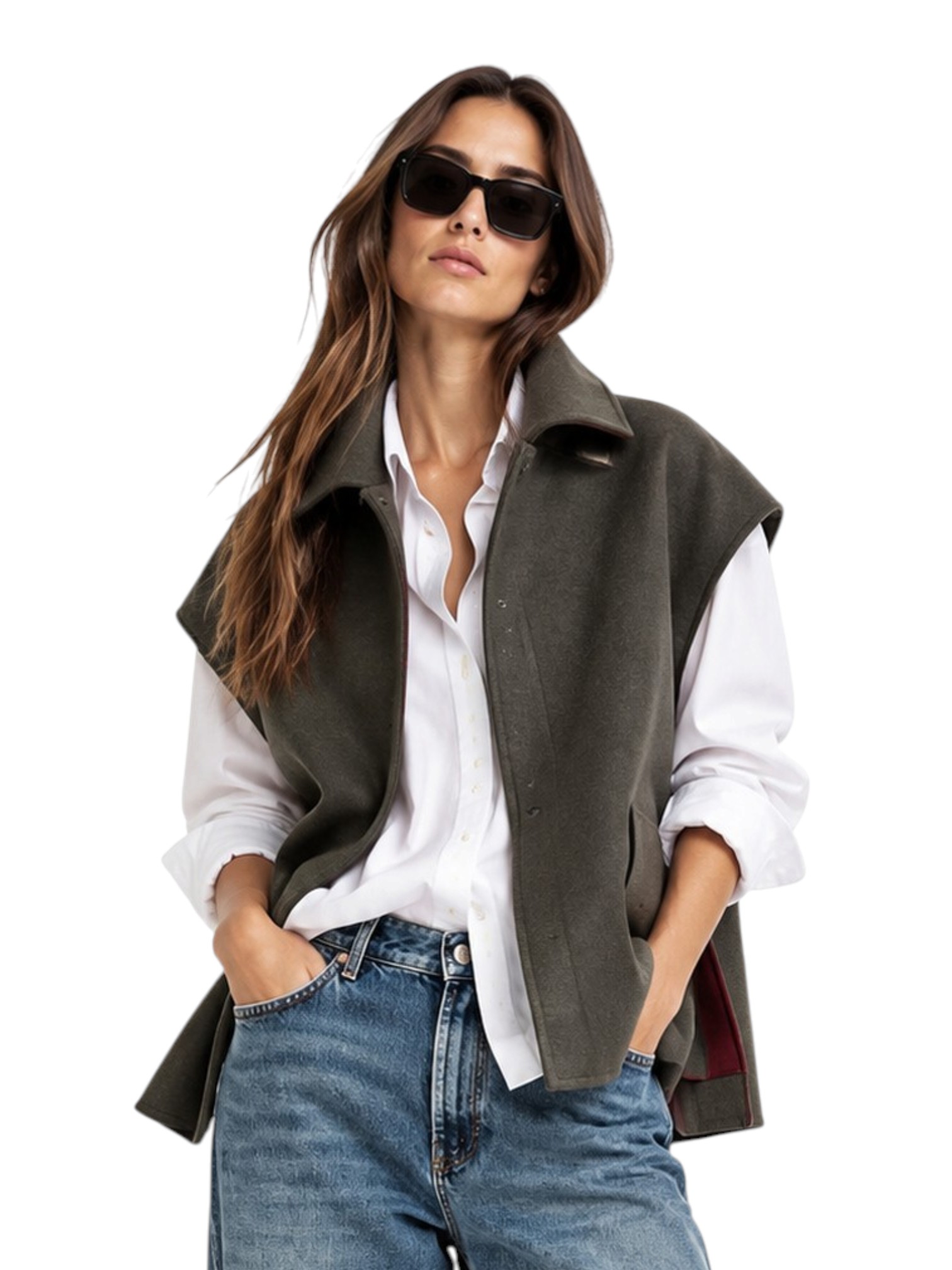 Cappotto senza maniche colore militare Calamo WEAR con collo alto, chiusura a bottoni e tasche laterali