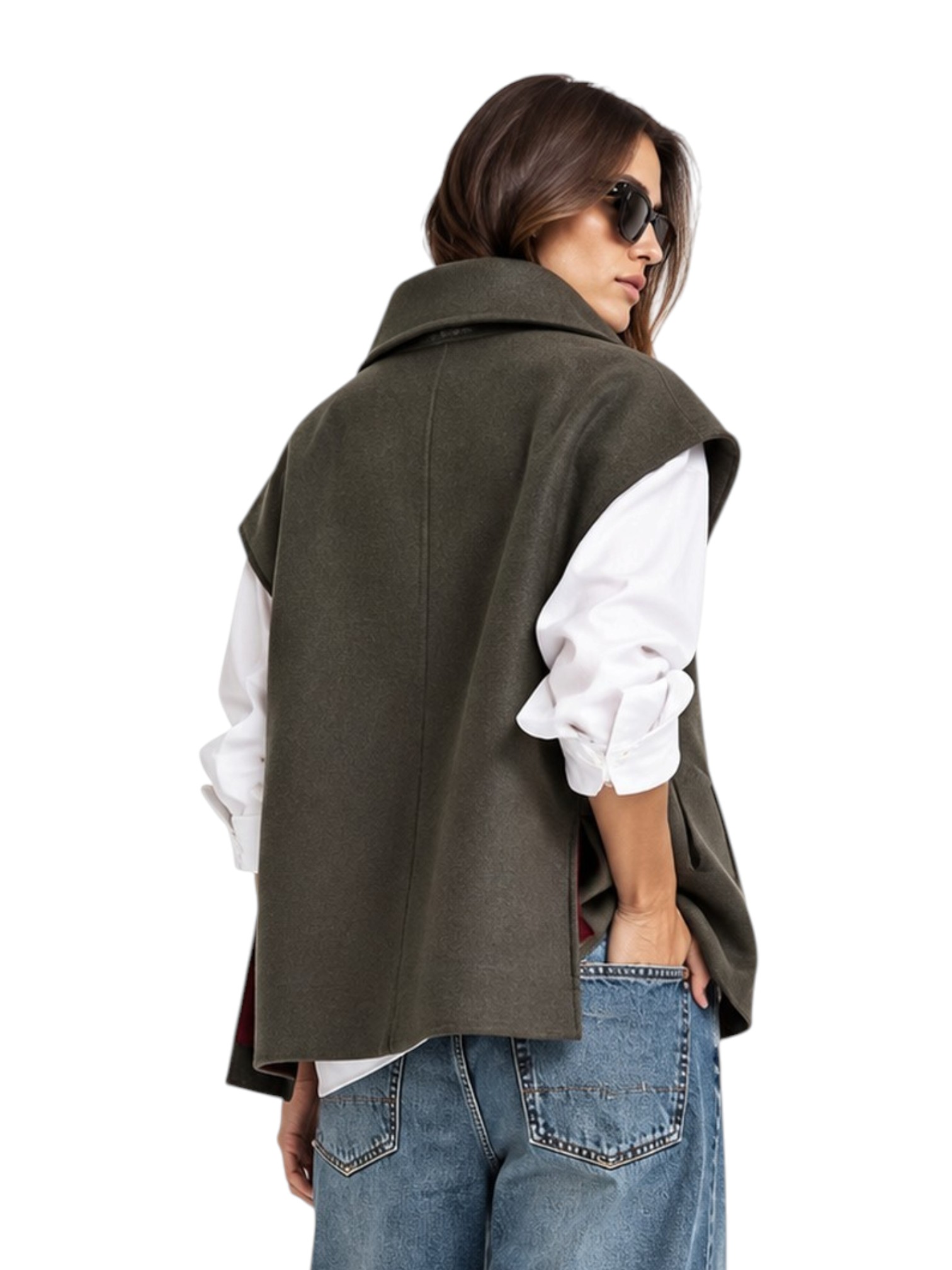 Cappotto senza maniche colore militare Calamo WEAR con collo alto, chiusura a bottoni e tasche laterali
