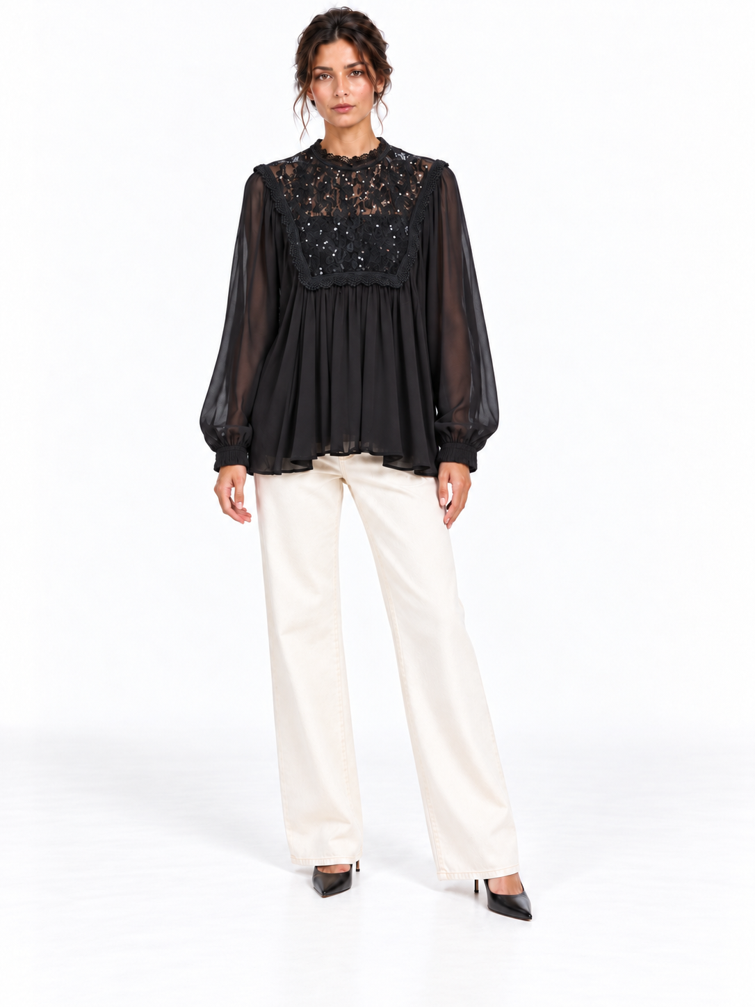 camicia nera a collo tondo con inserto in pizzo e paillettes SOALLURE maniche lunghe ampie