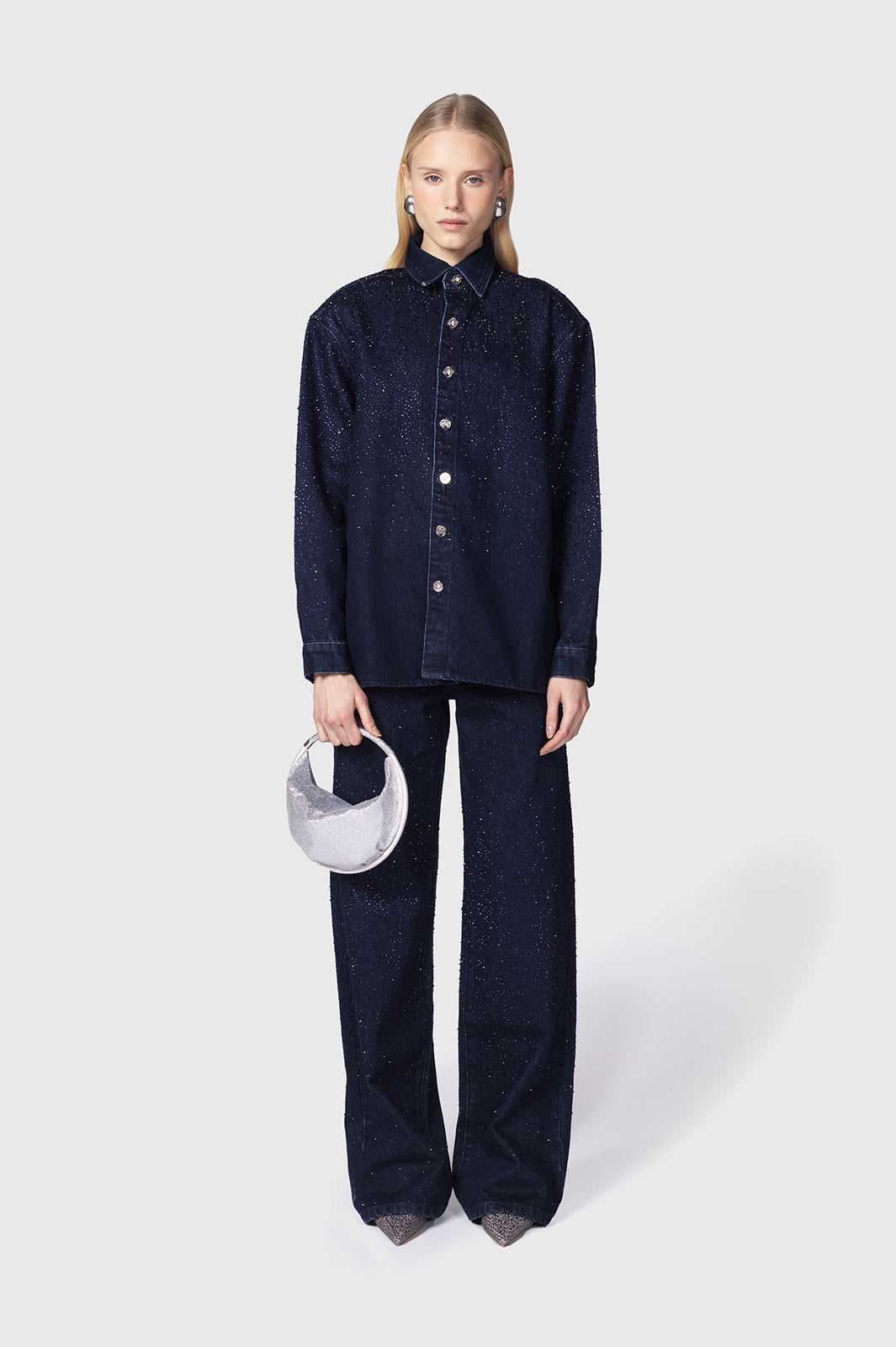 Camicia blue TWENTYFOURHAITCH con chiusura bottoni metallici e dettagli brillanti effetto glitter