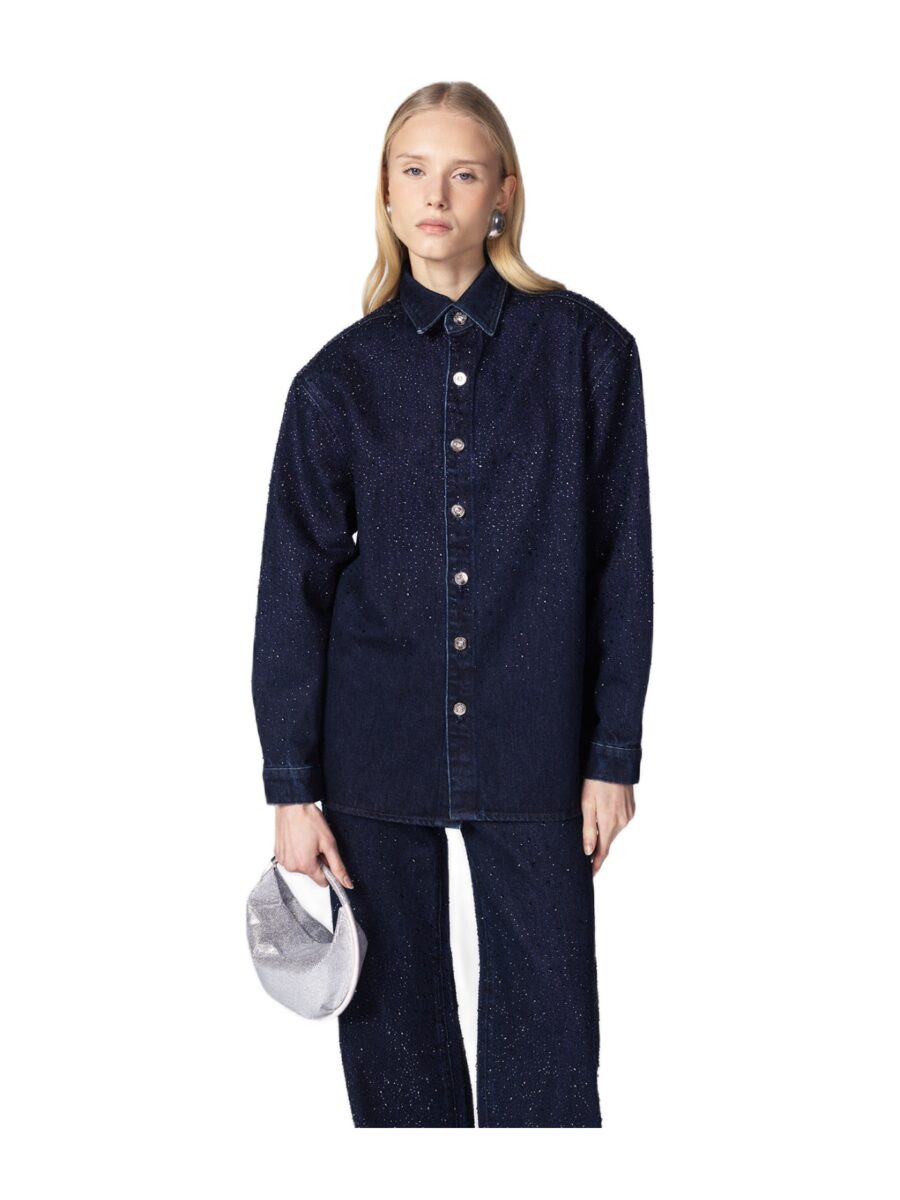 Camicia blue TWENTYFOURHAITCH con chiusura bottoni metallici e dettagli brillanti effetto glitter
