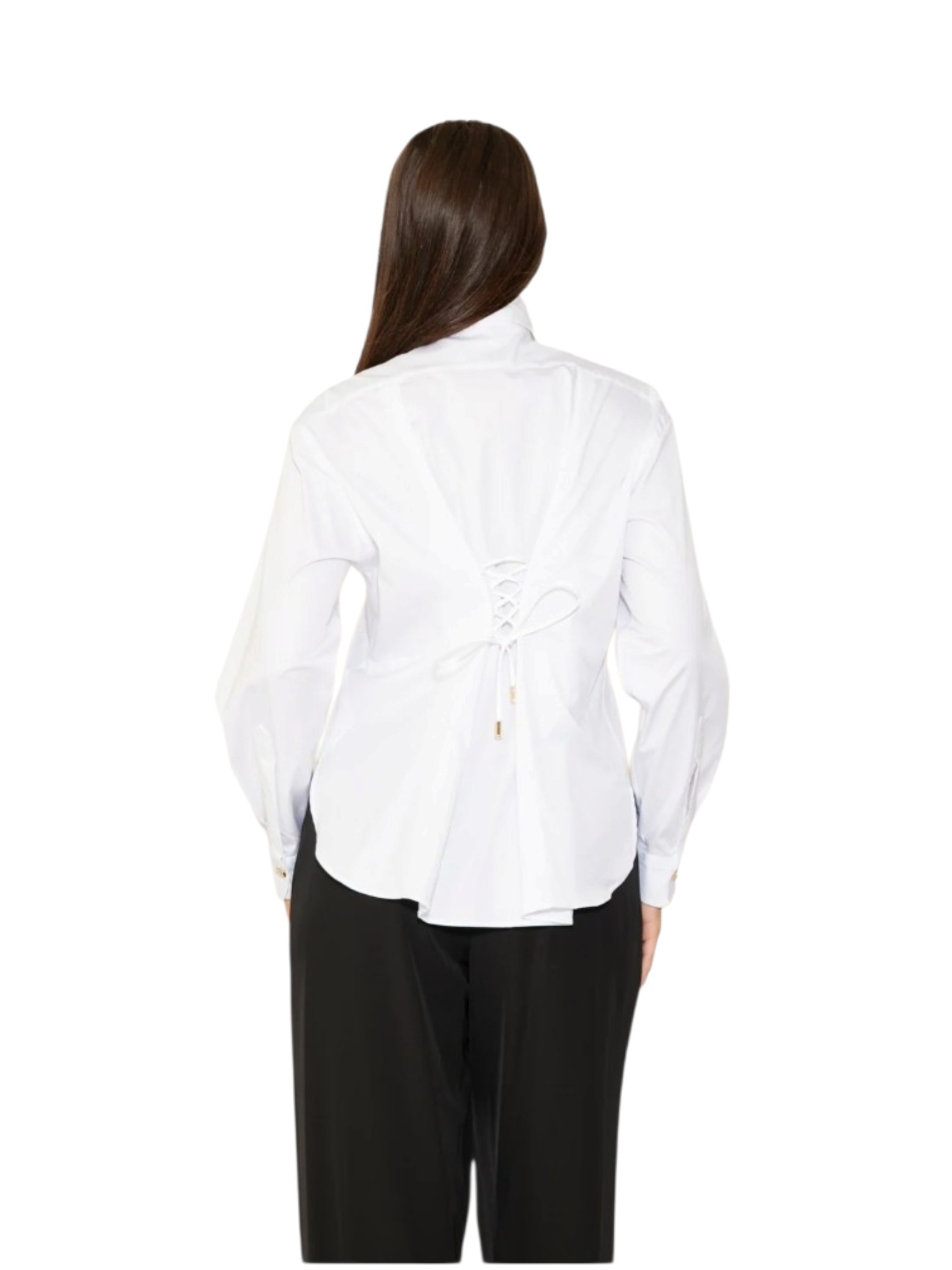 Camicia bianca alma sanchez vista retro con lacci incrociati e collo alla coreana