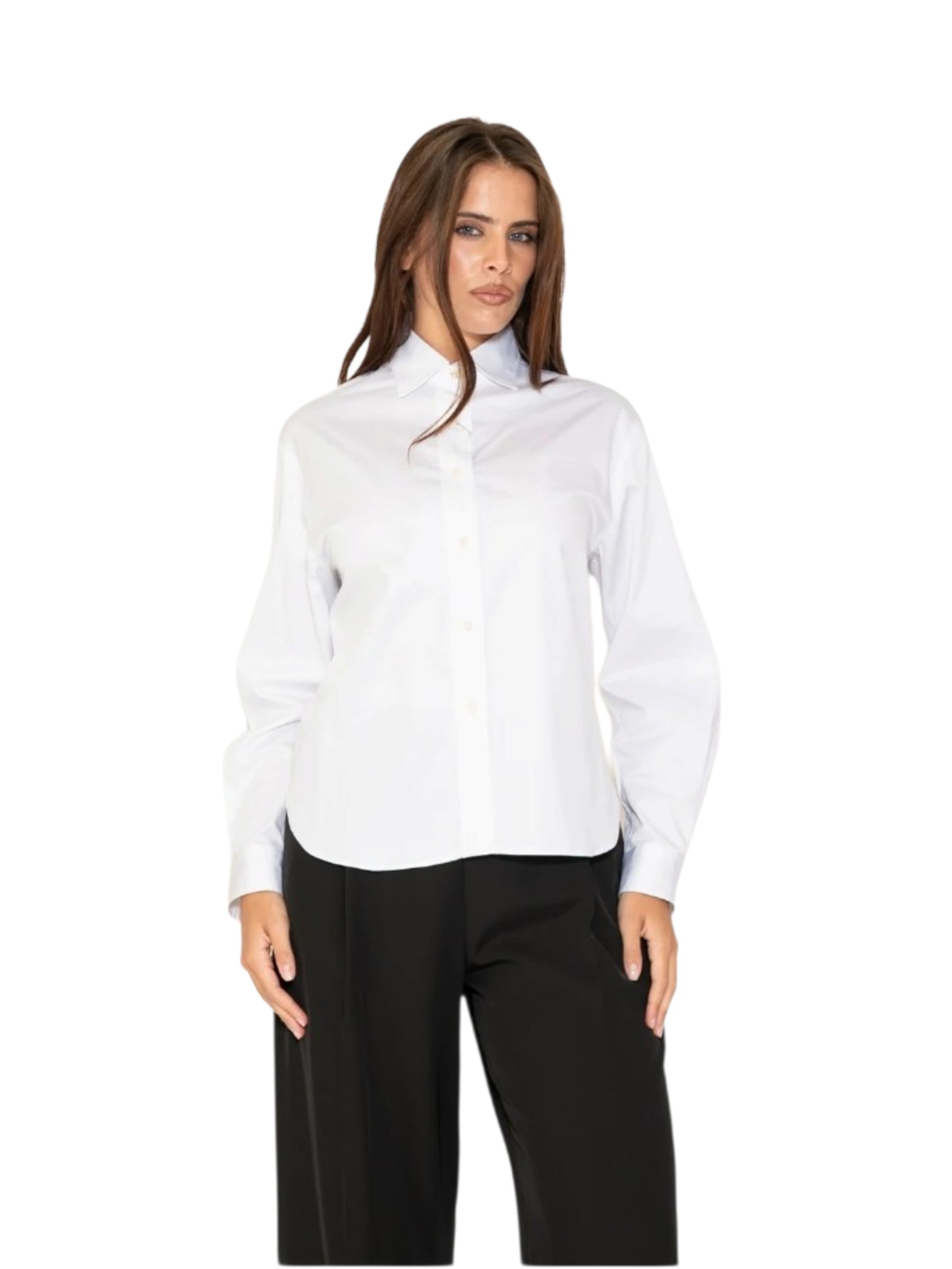 Camicia bianca alma sanchez vista retro con lacci incrociati e collo alla coreana