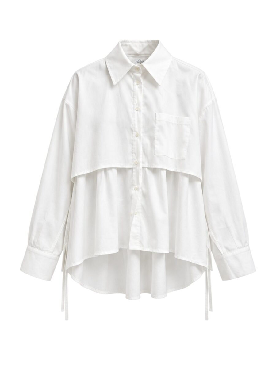 Camicia bianca milk SOALLURE con doppio strato sovrapposto, colletto classico e coulisse laterali