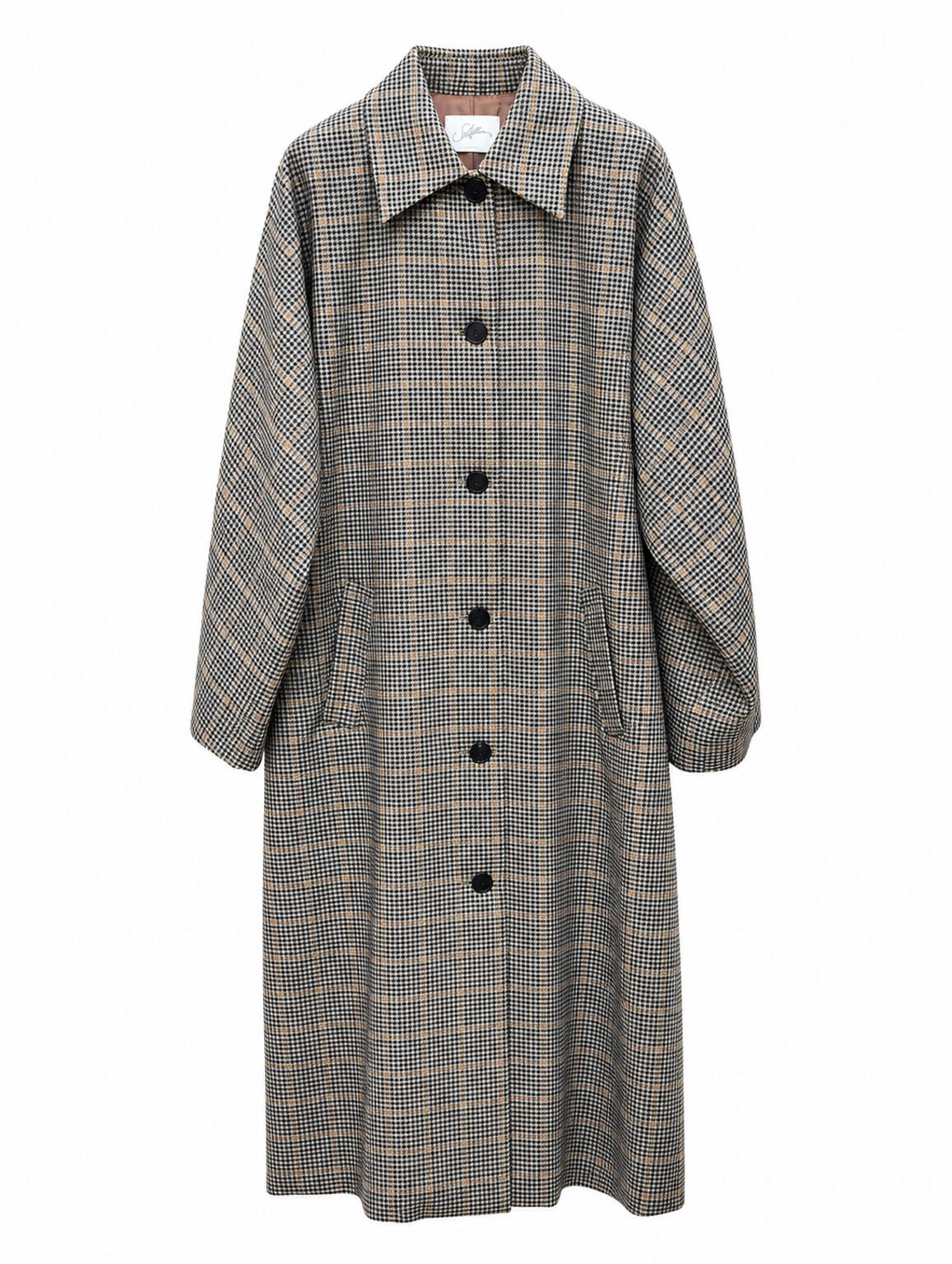 Cappotto lungo imbottito SOALLURE motivo check jacquard beige e nero con bottoni neri e tasche a filetto