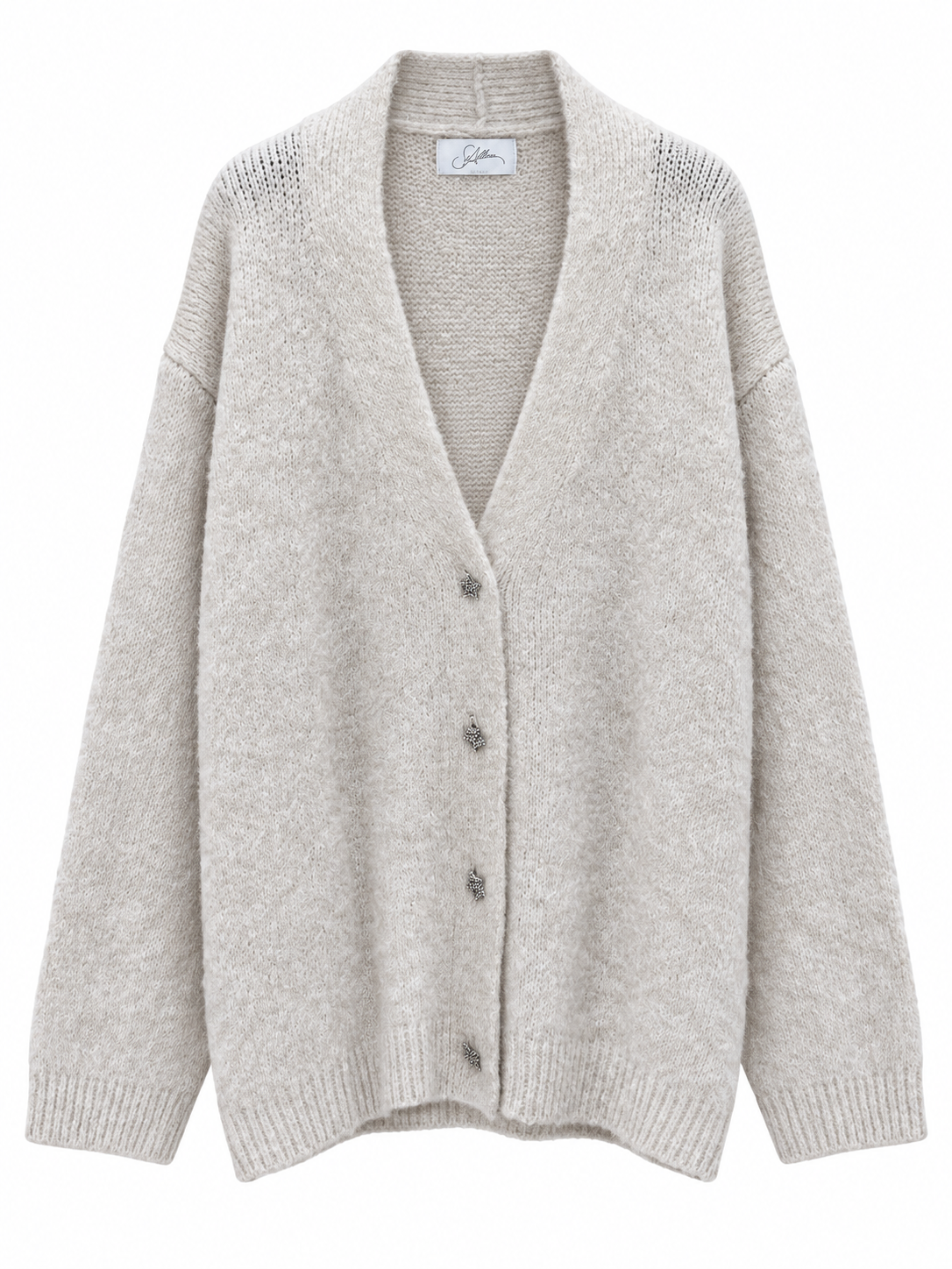 Cardigan SOALLURE in mohair colore beige chiaro con bottoni a forma di stella, maniche lunghe e scollo a V