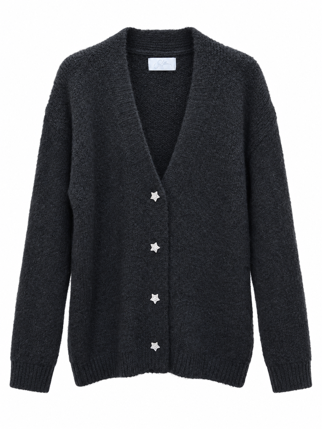 Cardigan SOALLURE in mohair colore beige chiaro con bottoni a forma di stella, maniche lunghe e scollo a V