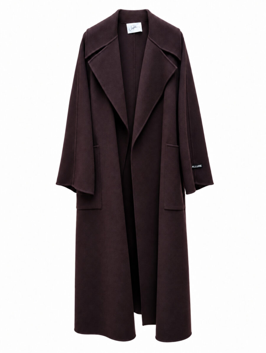 Giacca cappotto lungo SOALLURE in lana color moro con collo ampio e tasche frontali