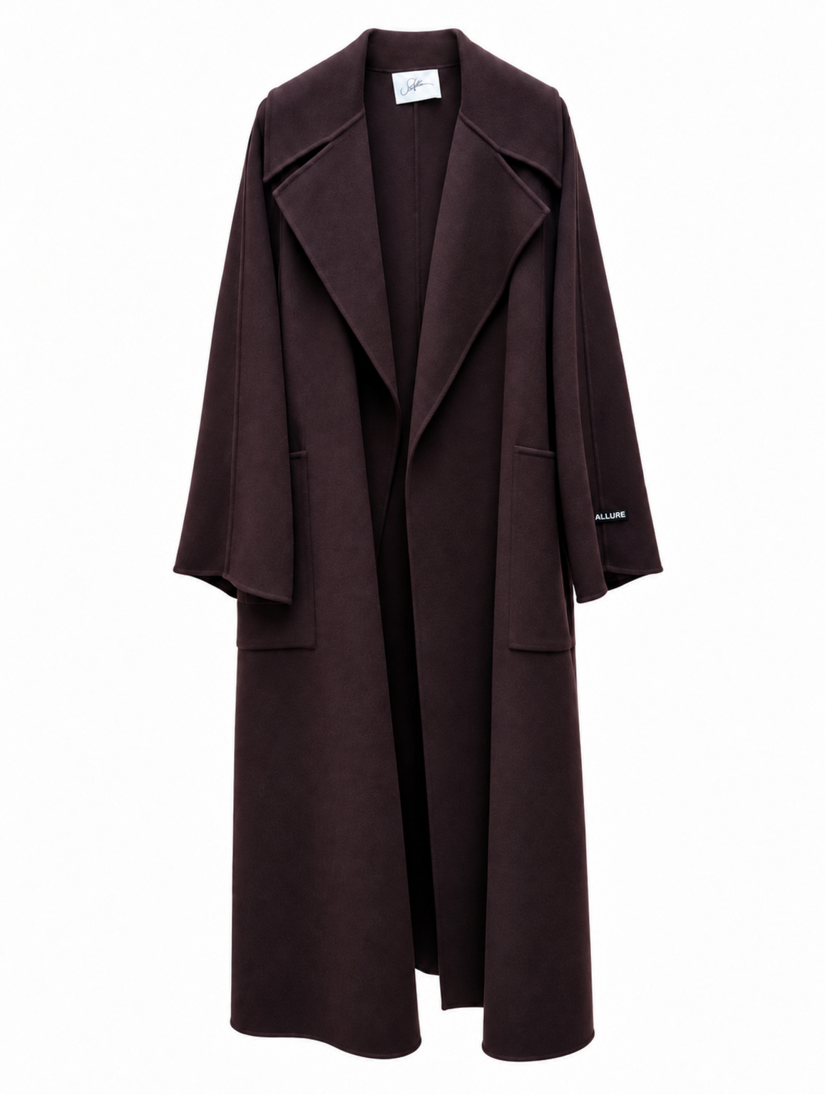 Giacca cappotto lungo SOALLURE in lana color moro con collo ampio e tasche frontali