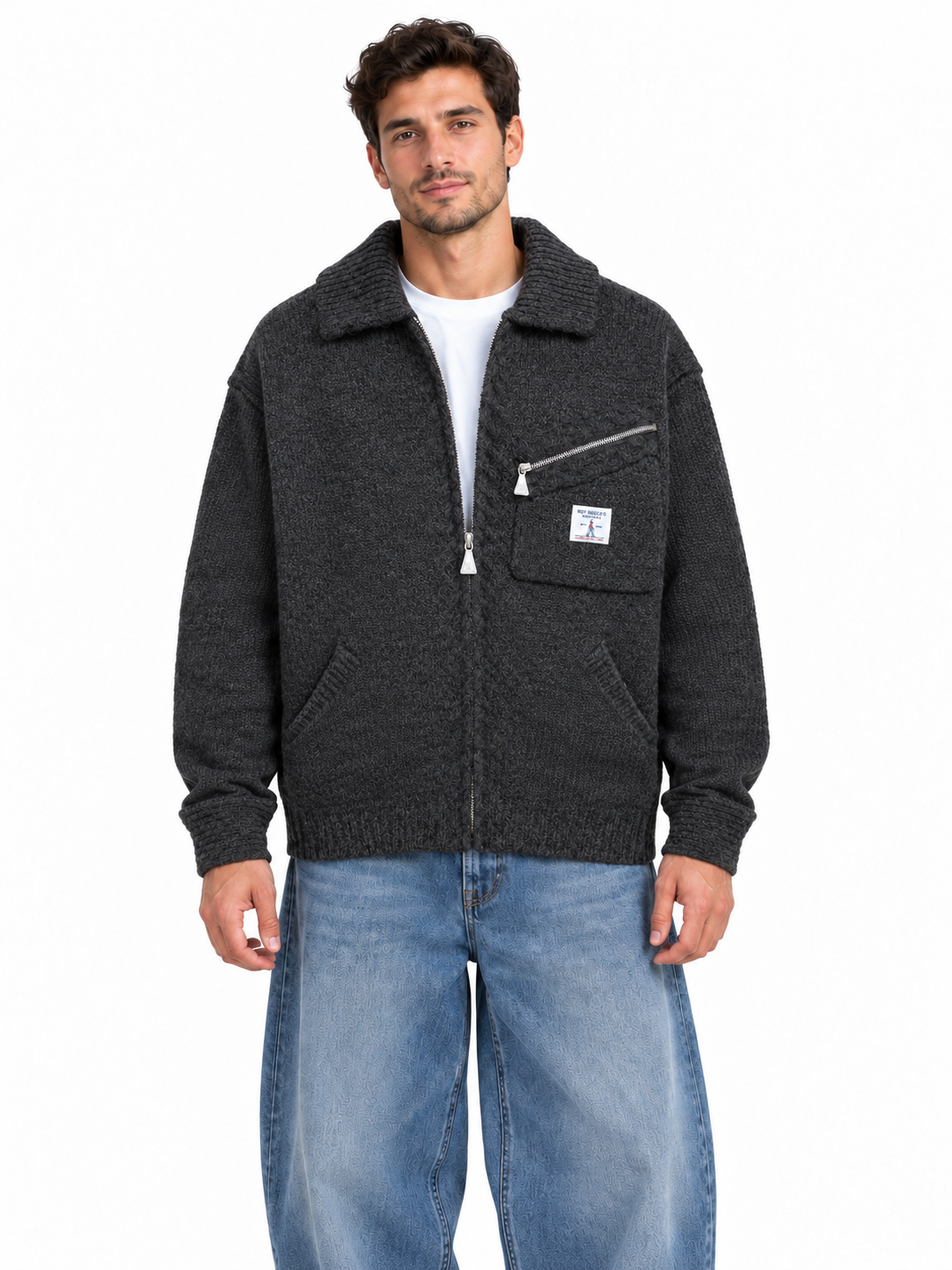 Giubbotto in maglia grigio scuro ROY ROGER'S WORKWEAR con zip e tasca frontale con zip obliqua