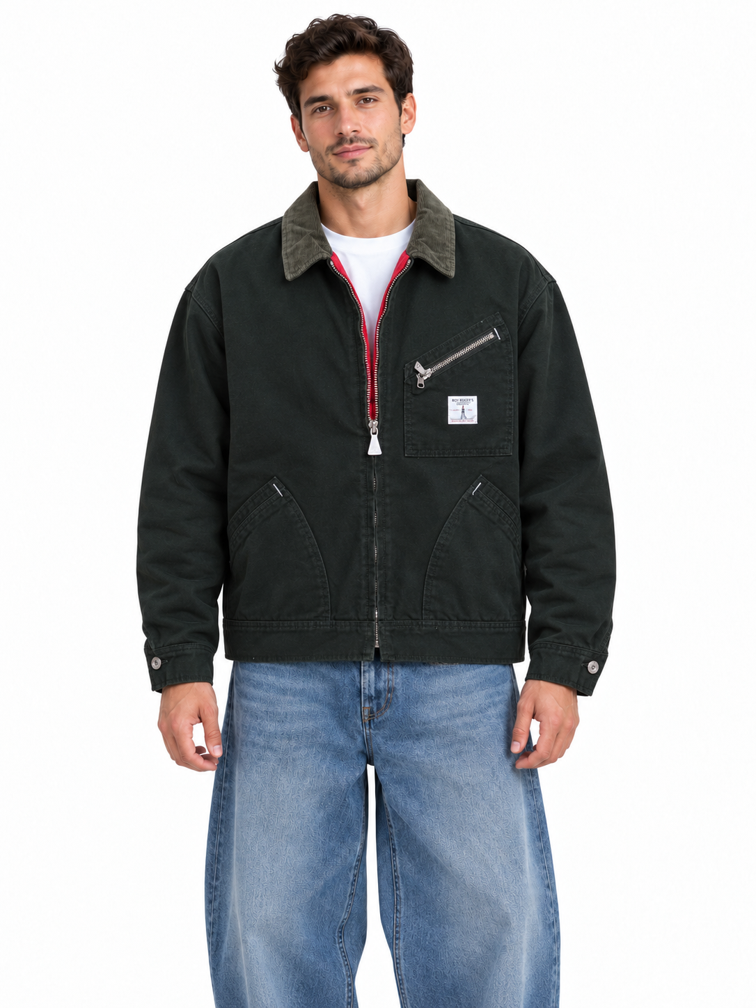 Giubbotto corto scuro ROY ROGERS WORKWEAR con collo a contrasto, zip centrale e tasche davanti