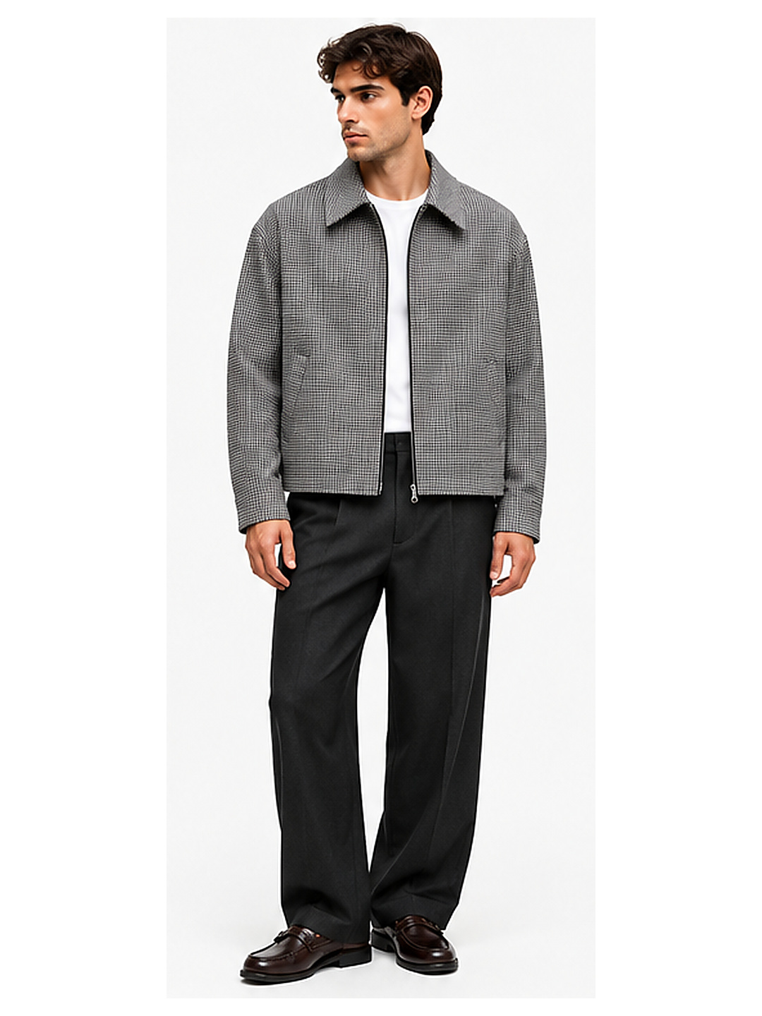 Giubbotto OFFICINE SRL pied de poule nero e grigio con zip doppio cursore e collo a punta