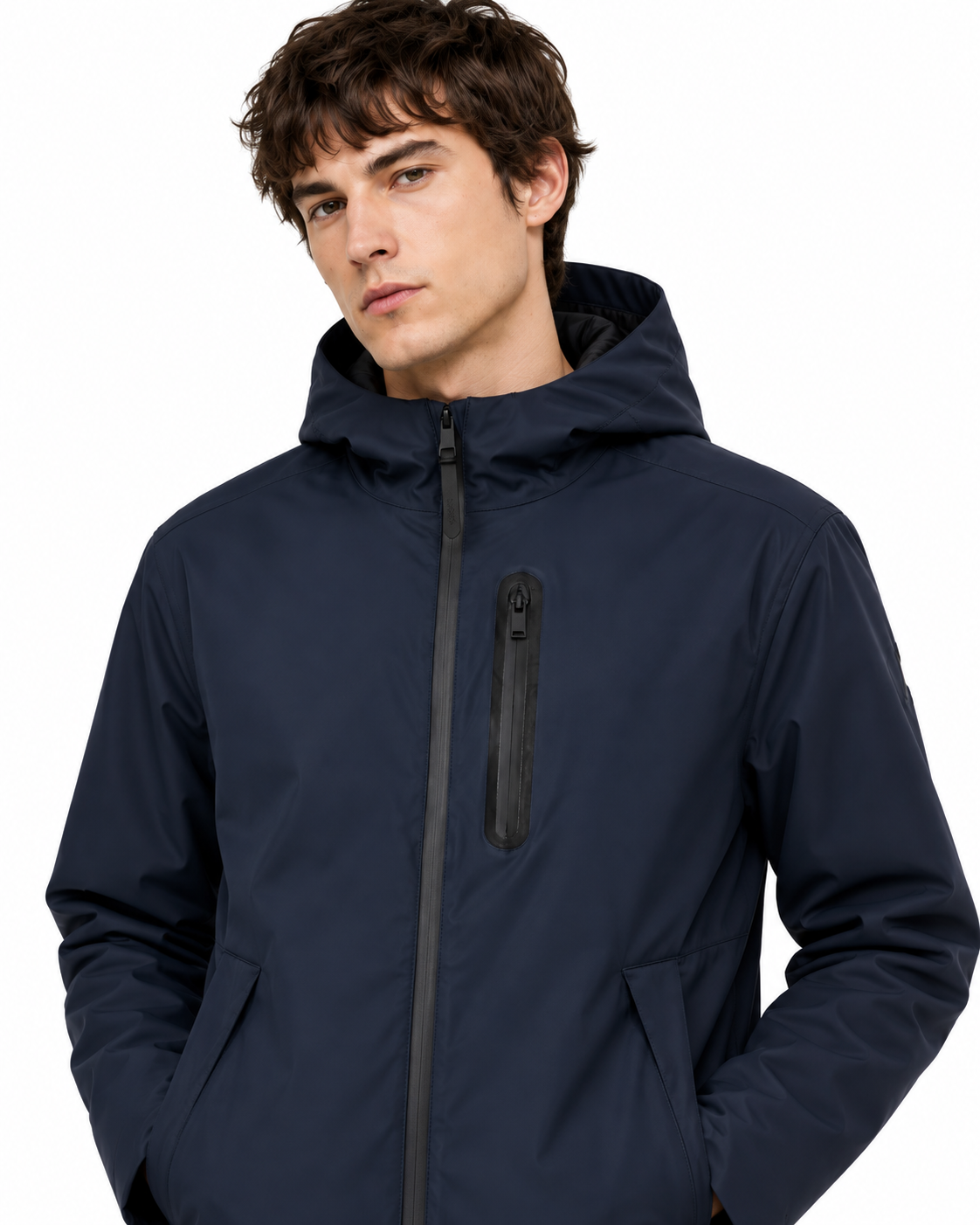 Giacca navy con cappuccio e zip frontale Hyou di TANTA, due tasche laterali e una tasca sul petto con zip verticale