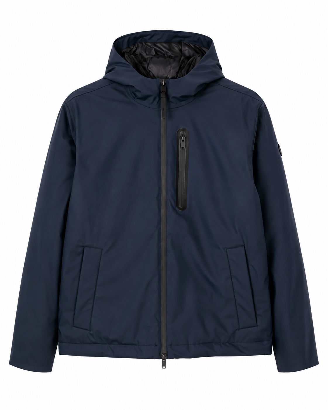 Giacca navy con cappuccio e zip frontale Hyou di TANTA, due tasche laterali e una tasca sul petto con zip verticale