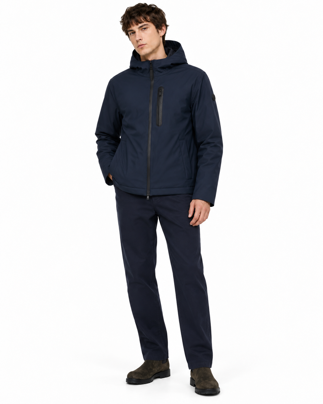 Giacca navy con cappuccio e zip frontale Hyou di TANTA, due tasche laterali e una tasca sul petto con zip verticale