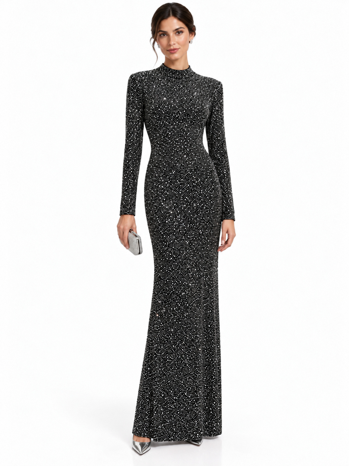 Abito lungo aderente nero con decorazioni argento, maniche lunghe e collo alto, marchio TWENTYFOURHAITCH