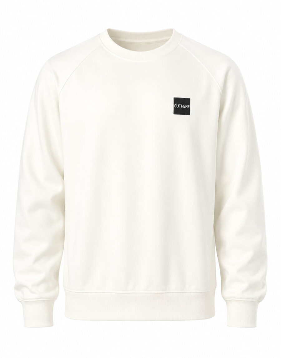 Felpa girocollo off white outhere con patch logo nera sul petto, polsini e orlo a costine