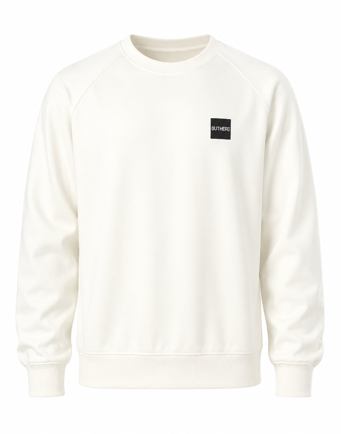 Felpa girocollo off white outhere con patch logo nera sul petto, polsini e orlo a costine