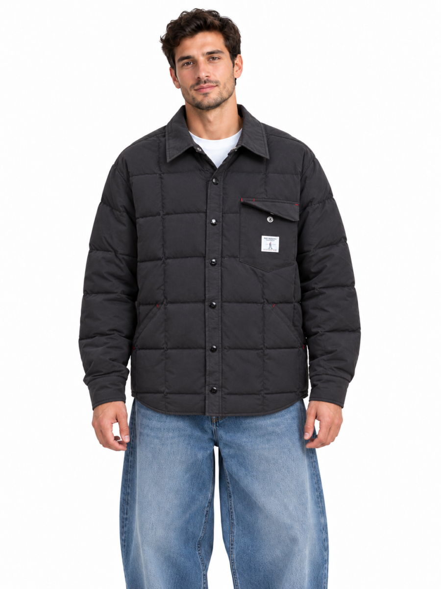 Overshirt imbottito nero con cuciture a quadri e tasca applicata sul petto, marchio ROY ROGERS WORWEAR