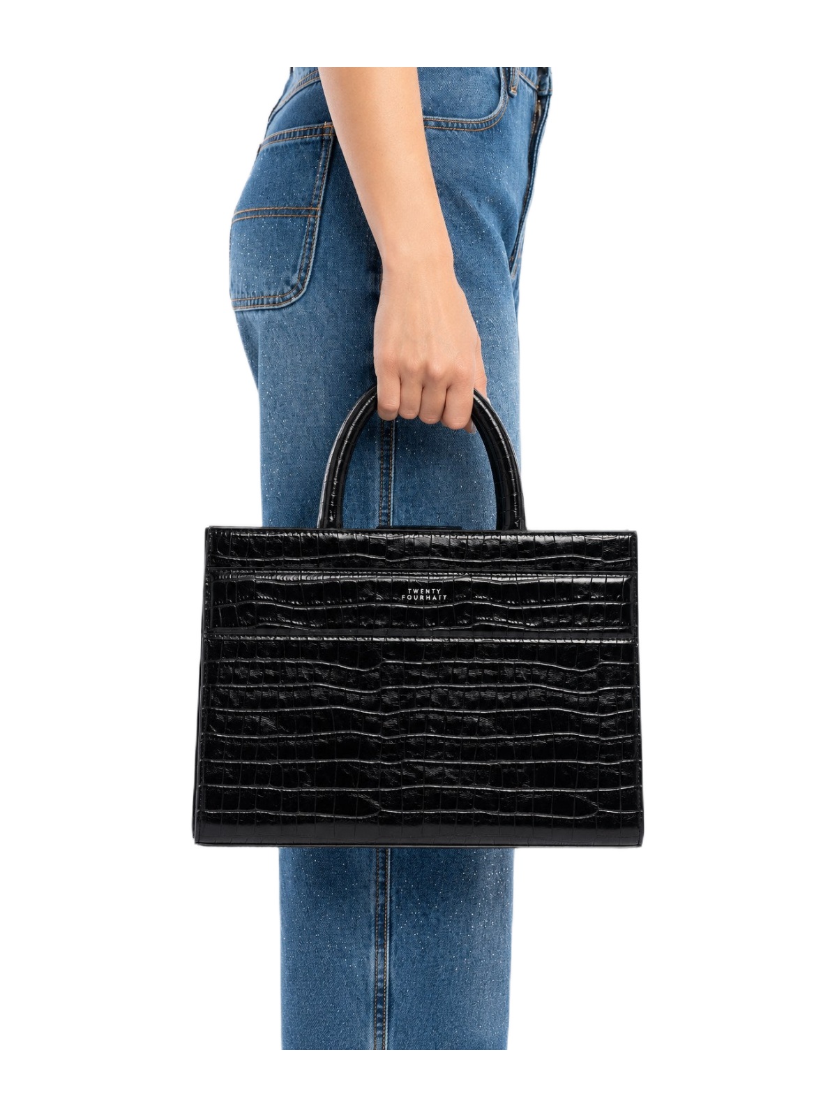Borsa rigida Serane TWENTYFOURHAITCH nero effetto coccodrillo con manici e tracolla larga