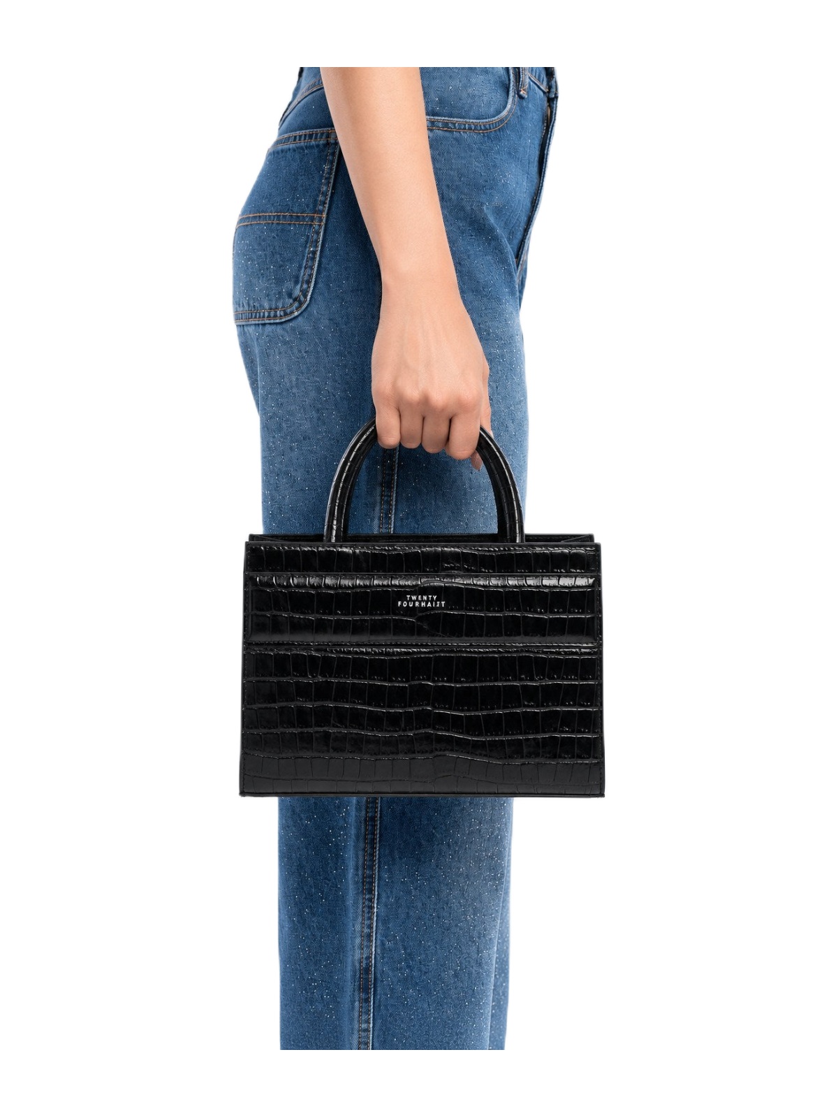 Borsa rigida Serane TWENTYFOURHAITCH nero effetto coccodrillo con manici e tracolla larga