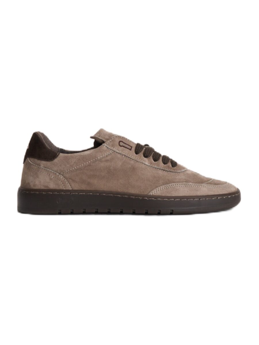 sneakers PIUMHA STUDIO in pelle scamosciata taupe e marrone con suola gomma piatta e lacci marroni
