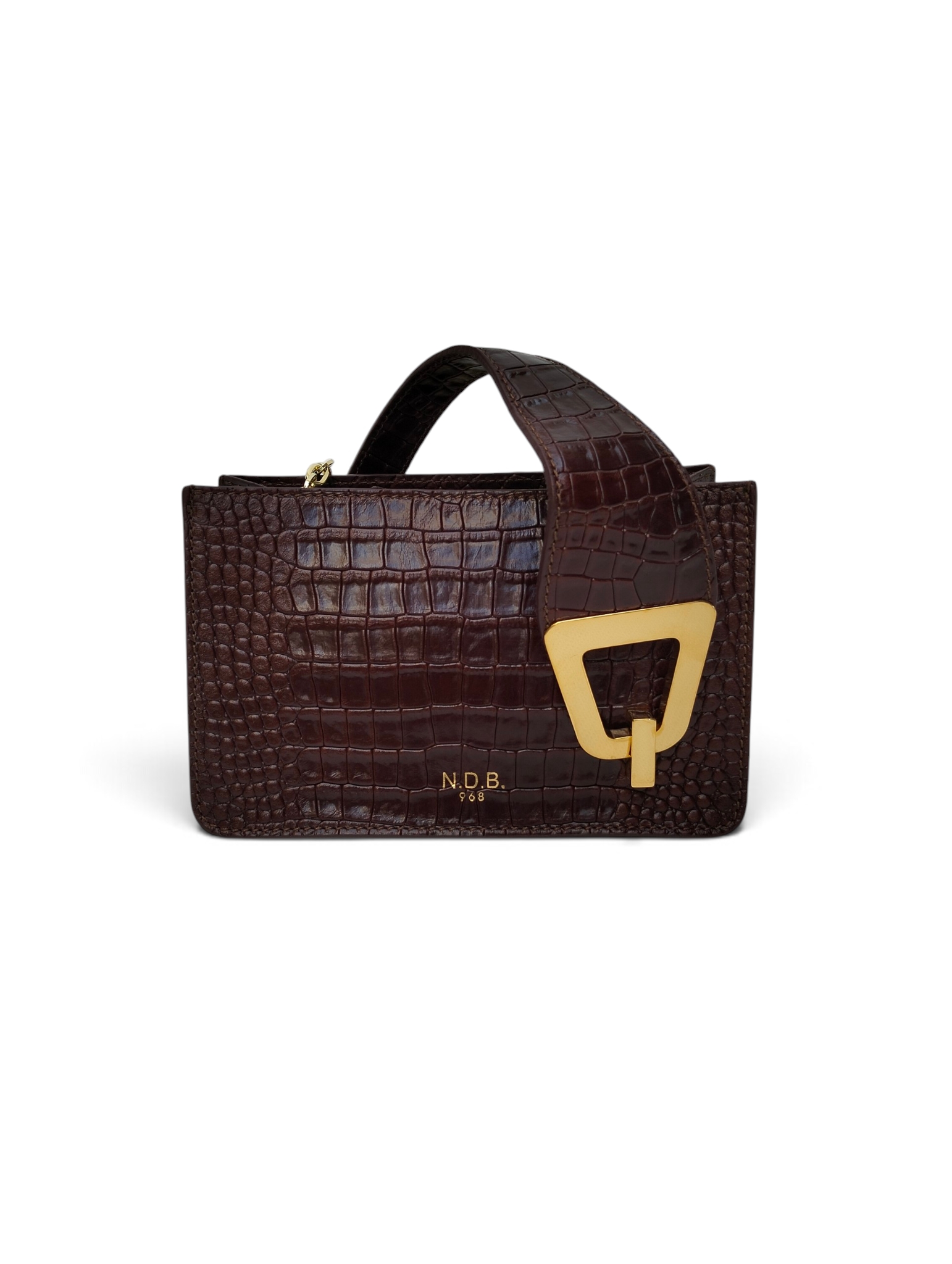 Mini borsa SOPHIE SMALL n d b in pelle eros effetto coccodrillo marrone con fibbia dorata e tracolla a catena dorata