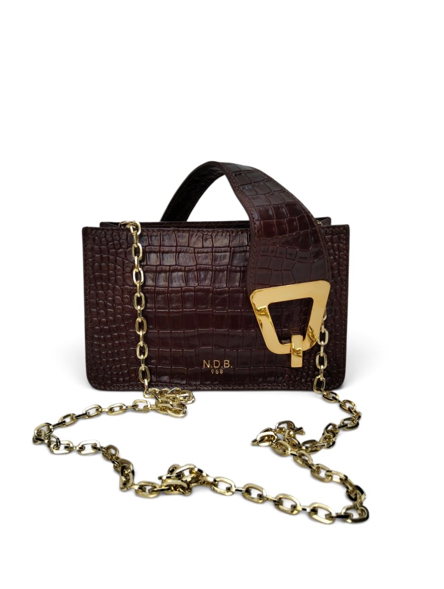 Mini borsa SOPHIE SMALL n d b in pelle eros effetto coccodrillo marrone con fibbia dorata e tracolla a catena dorata