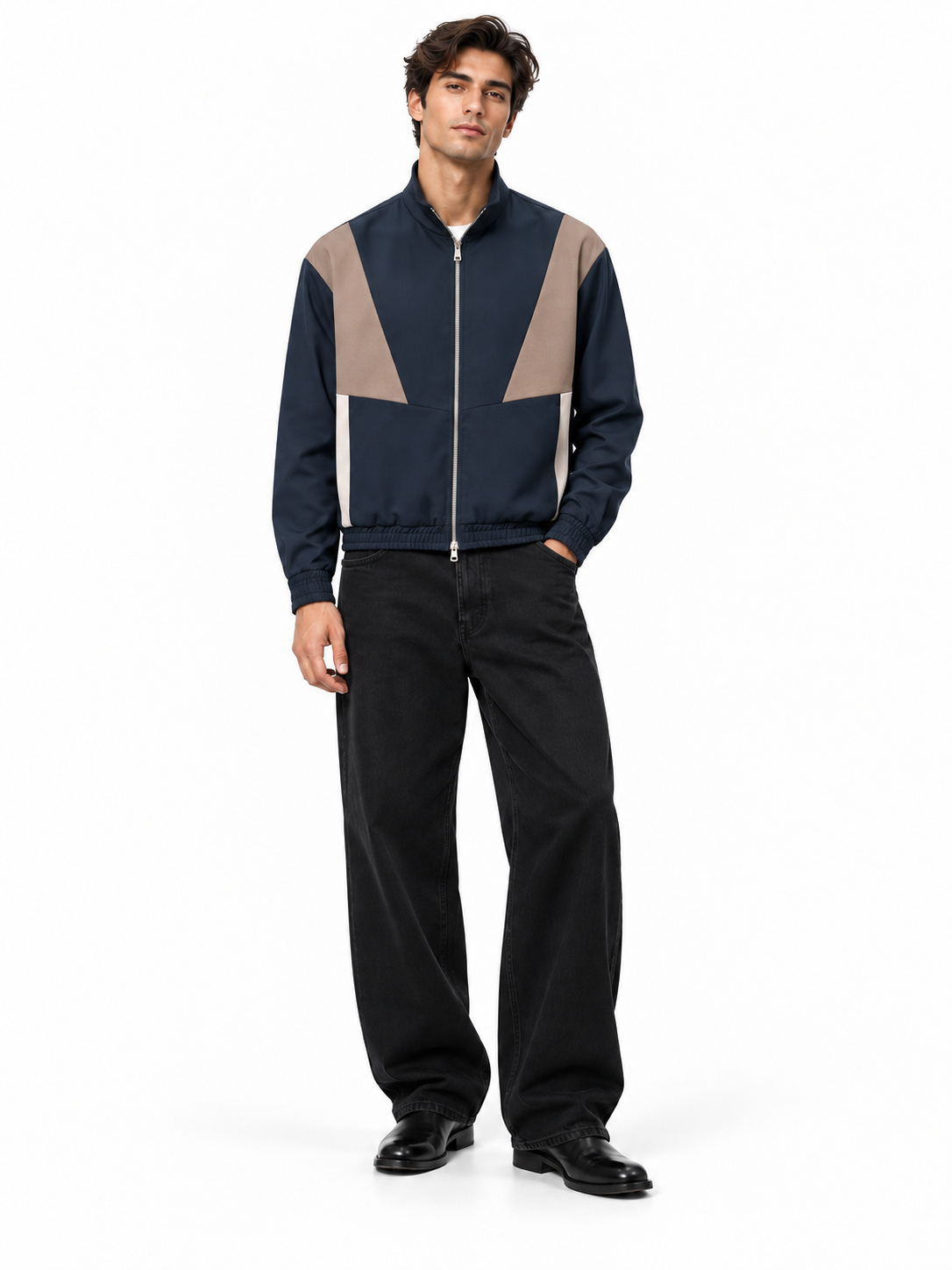 Giubbotto LOW BRAND jet black con dettagli beige, zip frontale e collo alto