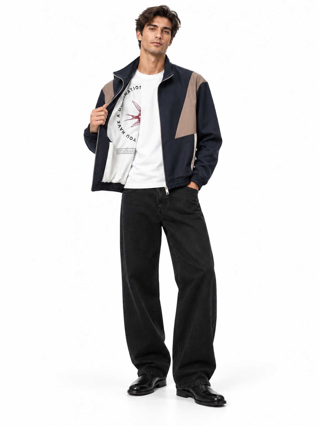 Giubbotto LOW BRAND jet black con dettagli beige, zip frontale e collo alto
