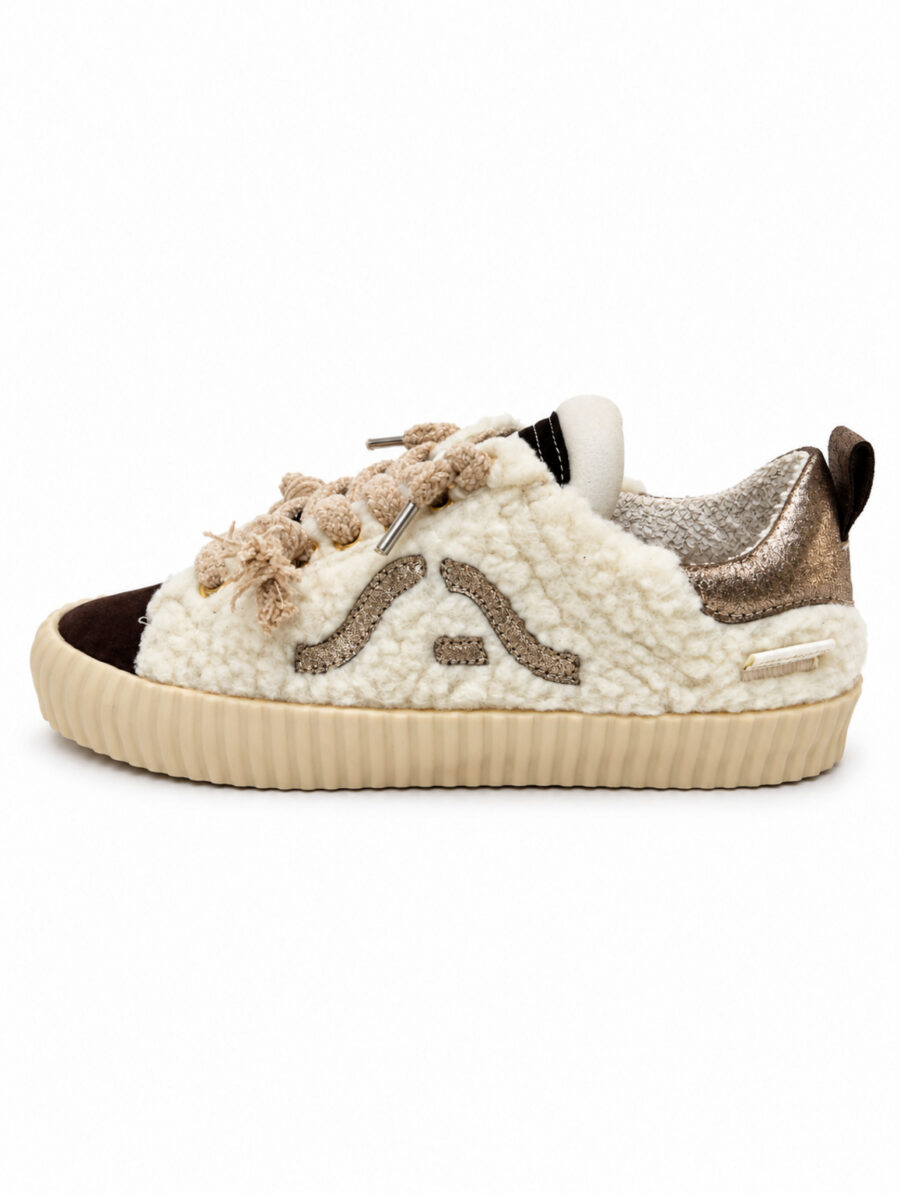 Scarpa SPRINGA Wavy bianco e marrone in pelle e fur con lacci beige e suola beige in gomma