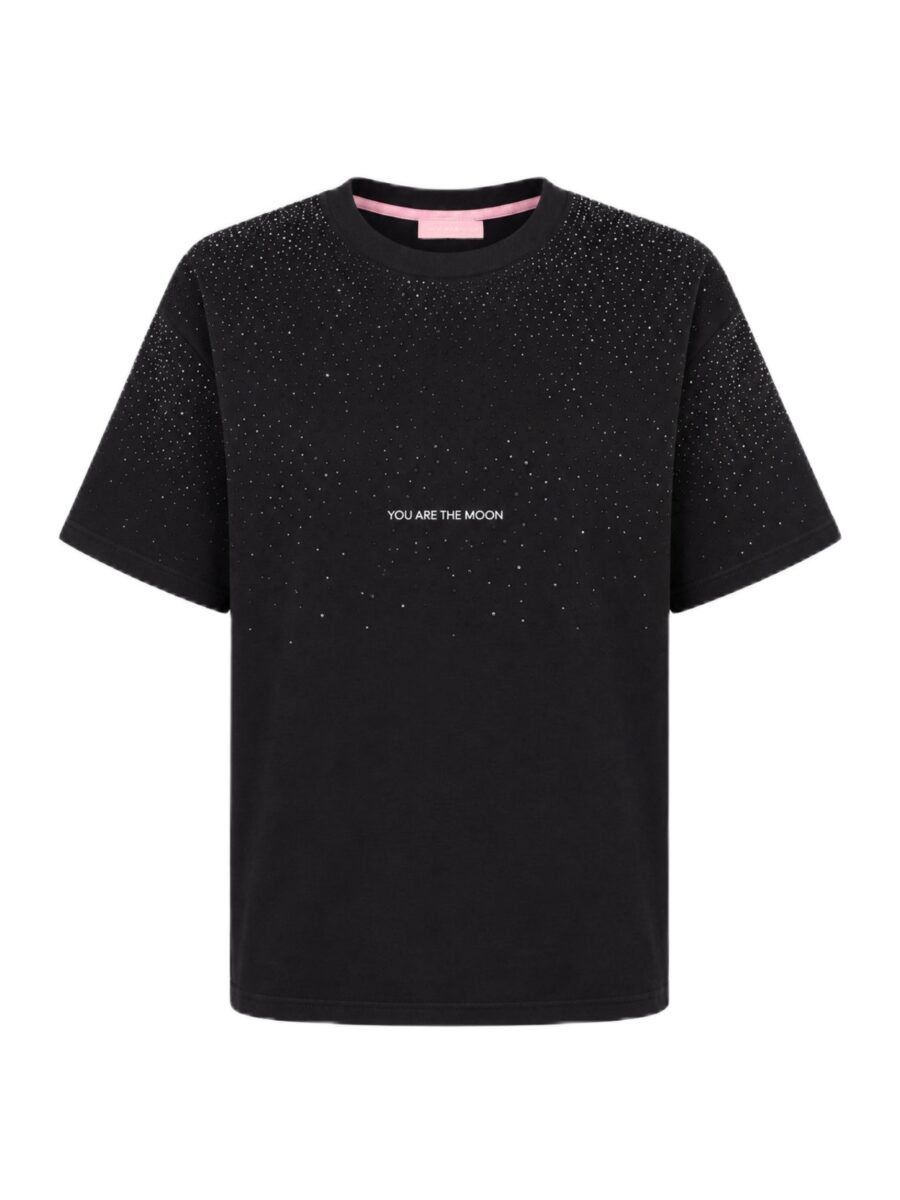 T shirt nera TWENTYFOURHAITCH con maniche corte, piccole applicazioni luminose sulla parte superiore e scritta 'YOU ARE THE MOON' al centro