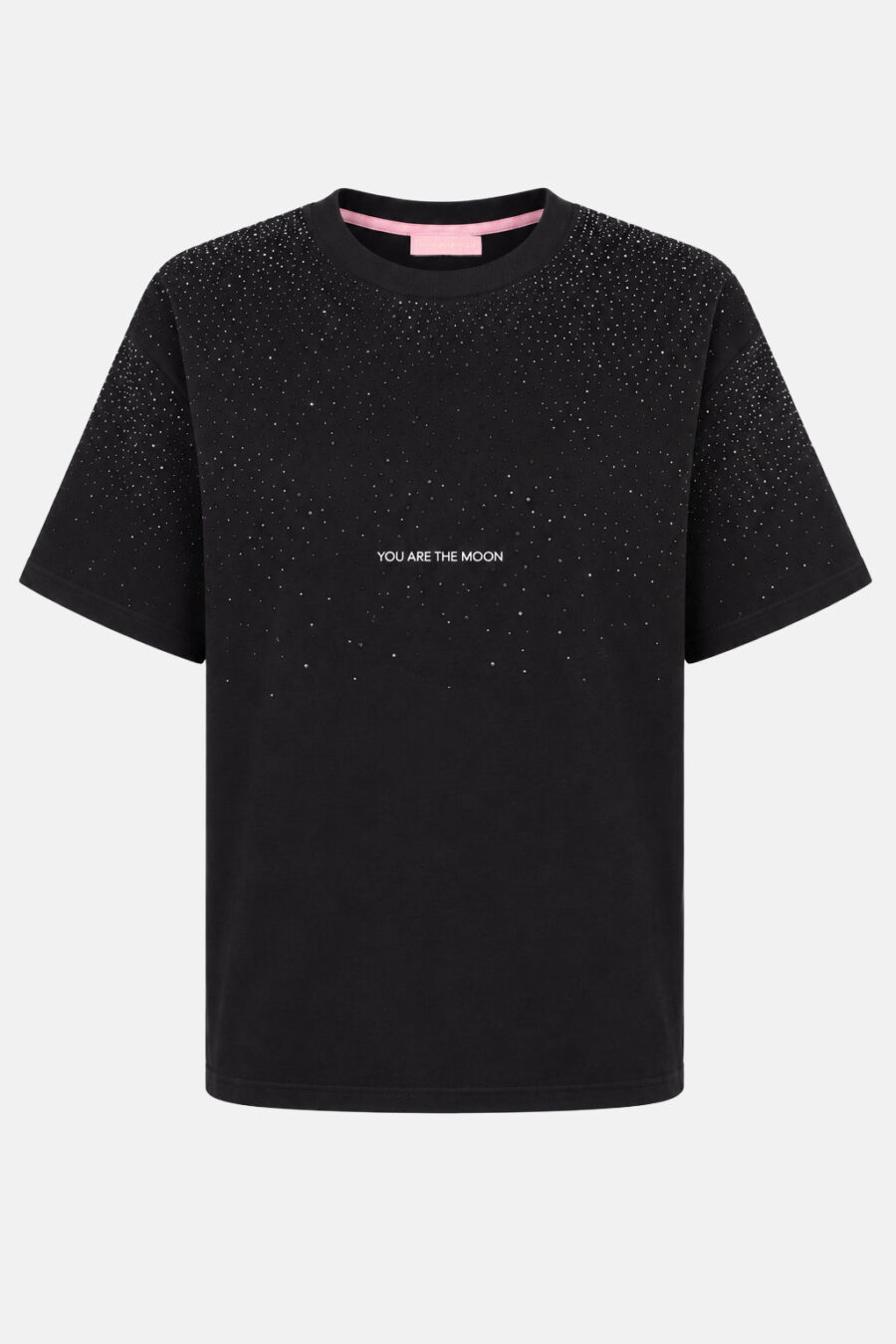 T shirt nera TWENTYFOURHAITCH con maniche corte, piccole applicazioni luminose sulla parte superiore e scritta 'YOU ARE THE MOON' al centro