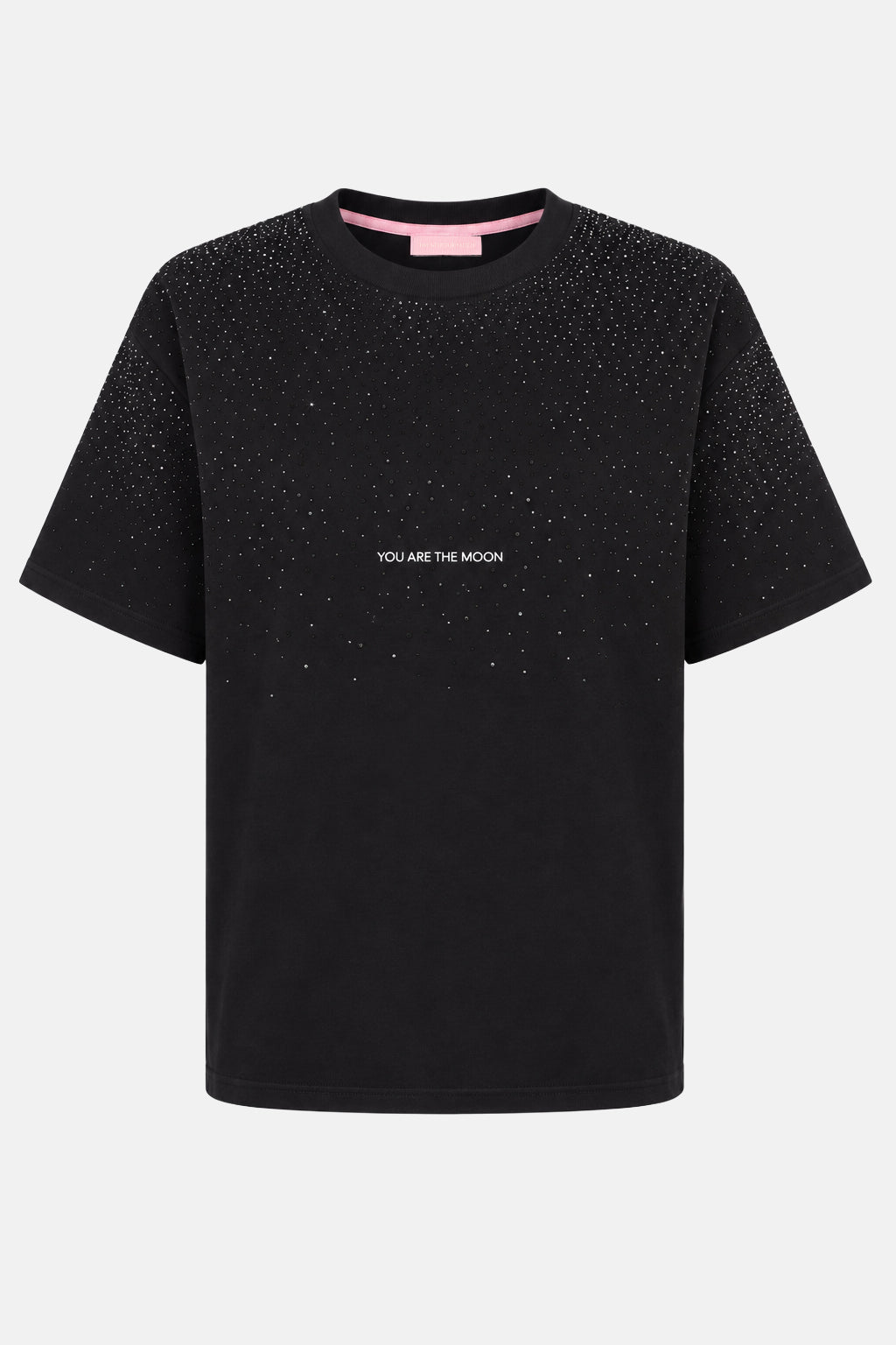 T shirt nera TWENTYFOURHAITCH con maniche corte, piccole applicazioni luminose sulla parte superiore e scritta 'YOU ARE THE MOON' al centro