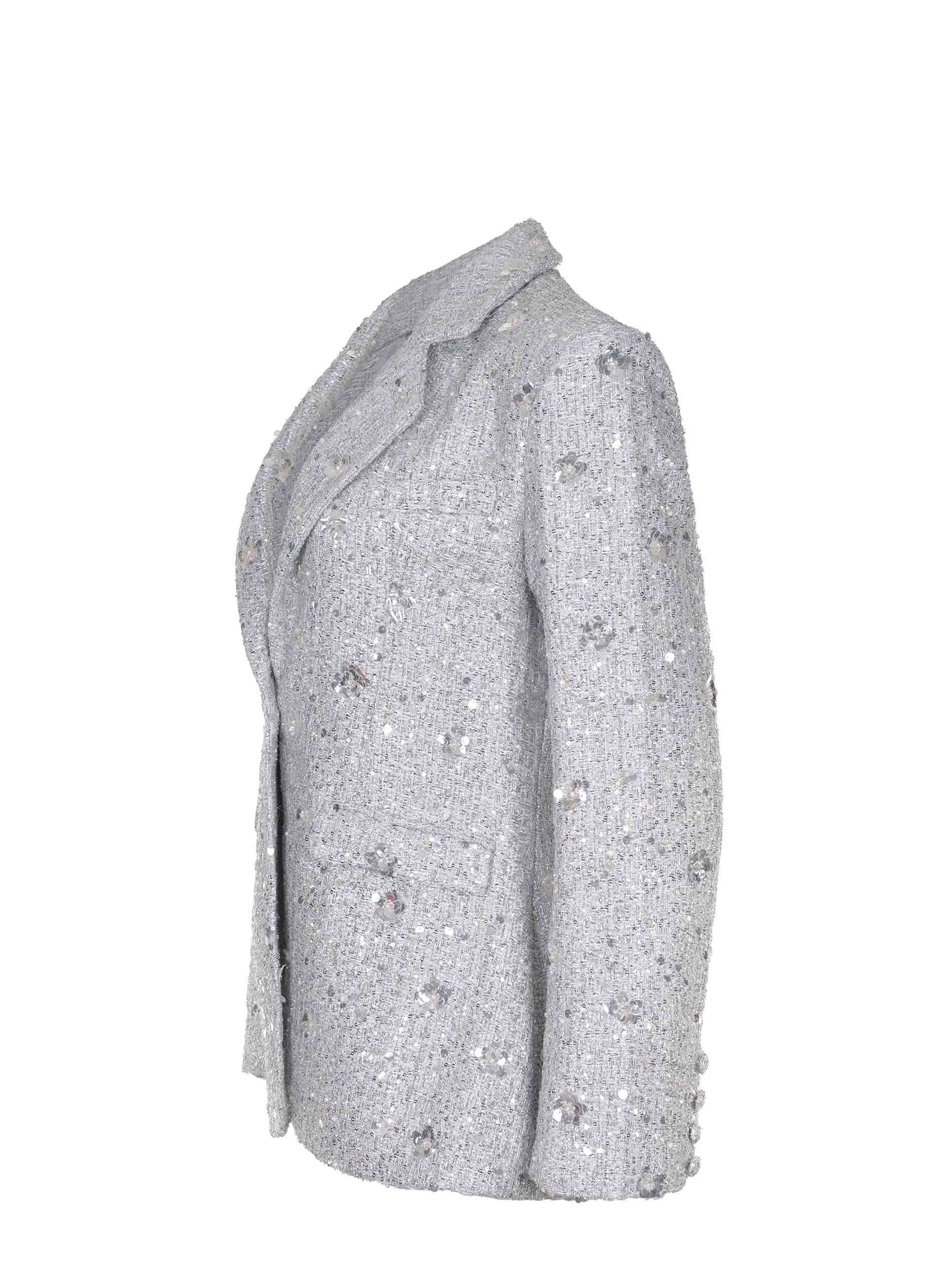 Giacca argento TWENTYFOURHAITCH Celvra in tessuto bouclé con paillettes, collo a rever, fronte, lato e retro