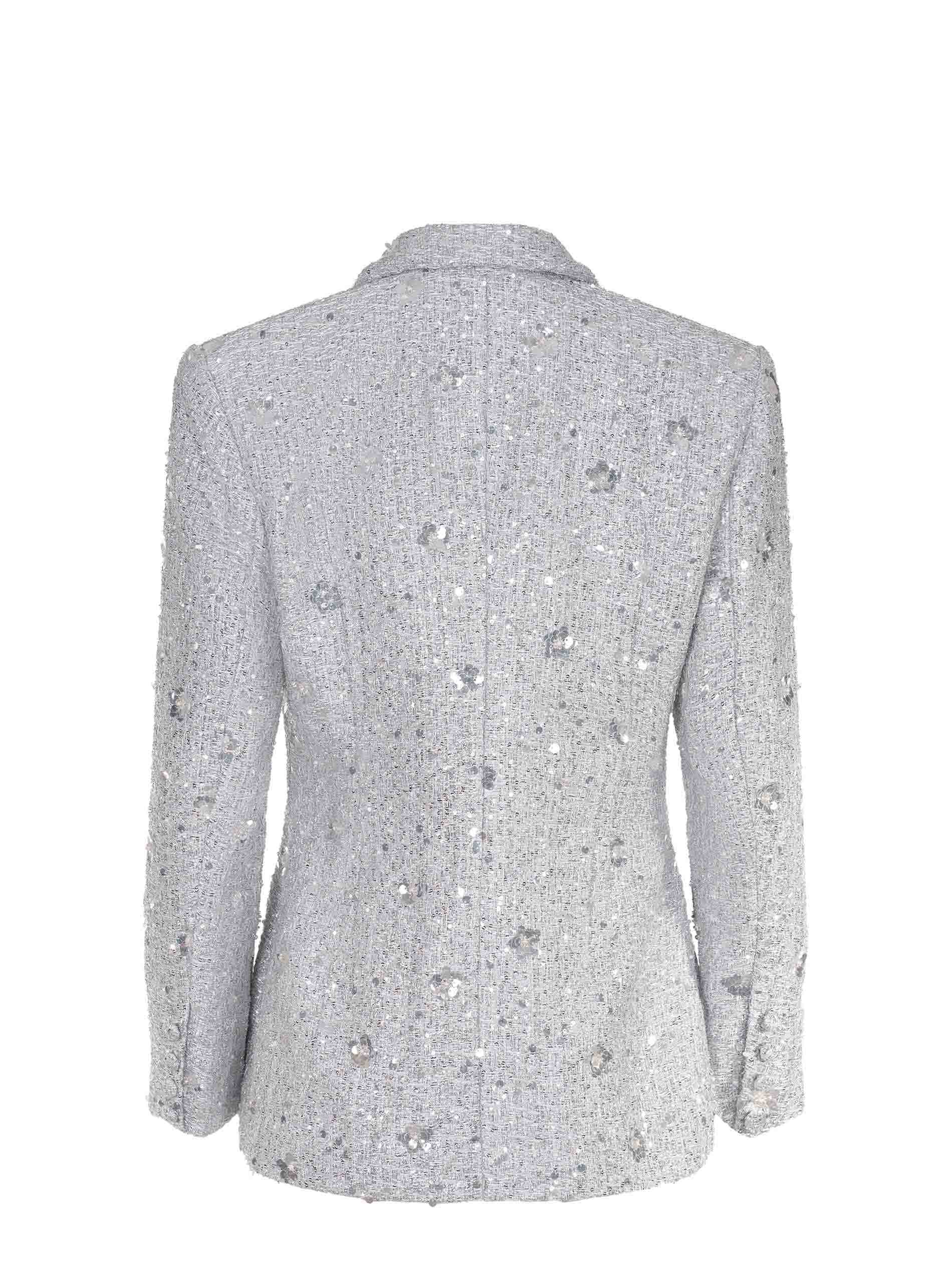 Giacca argento TWENTYFOURHAITCH Celvra in tessuto bouclé con paillettes, collo a rever, fronte, lato e retro