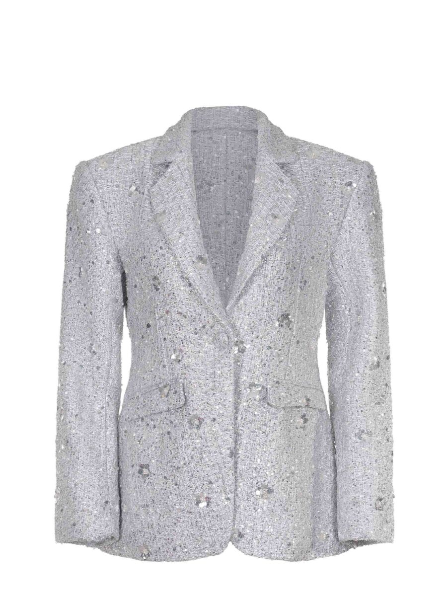 Giacca argento TWENTYFOURHAITCH Celvra in tessuto bouclé con paillettes, collo a rever, fronte, lato e retro
