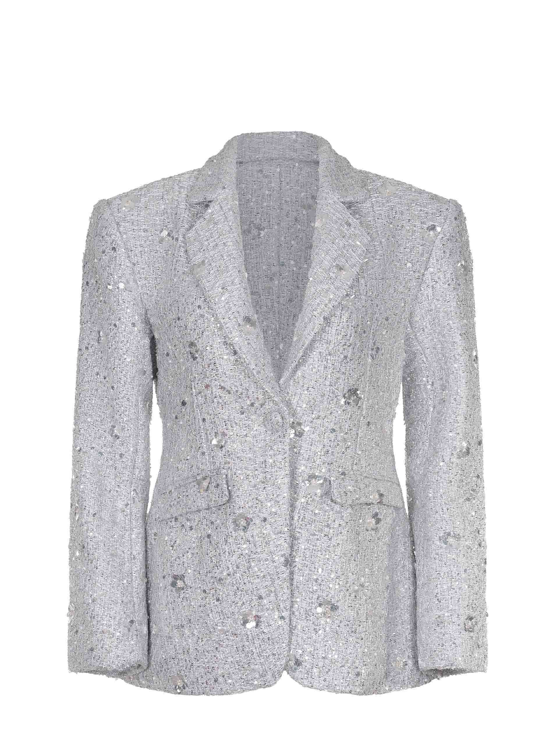 Giacca argento TWENTYFOURHAITCH Celvra in tessuto boucl&eacute; con paillettes, collo a rever, fronte, lato e retro