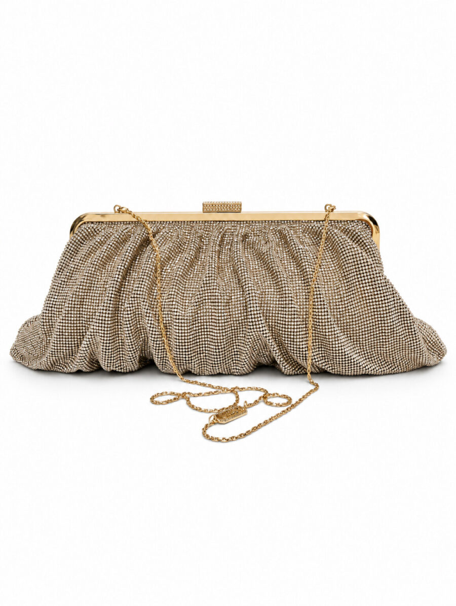 Borsa Zevara TWENTYFOURHAITCH color oro con superficie plissettata e dettagli brillanti, chiusura metallica e tracolla a catena oro