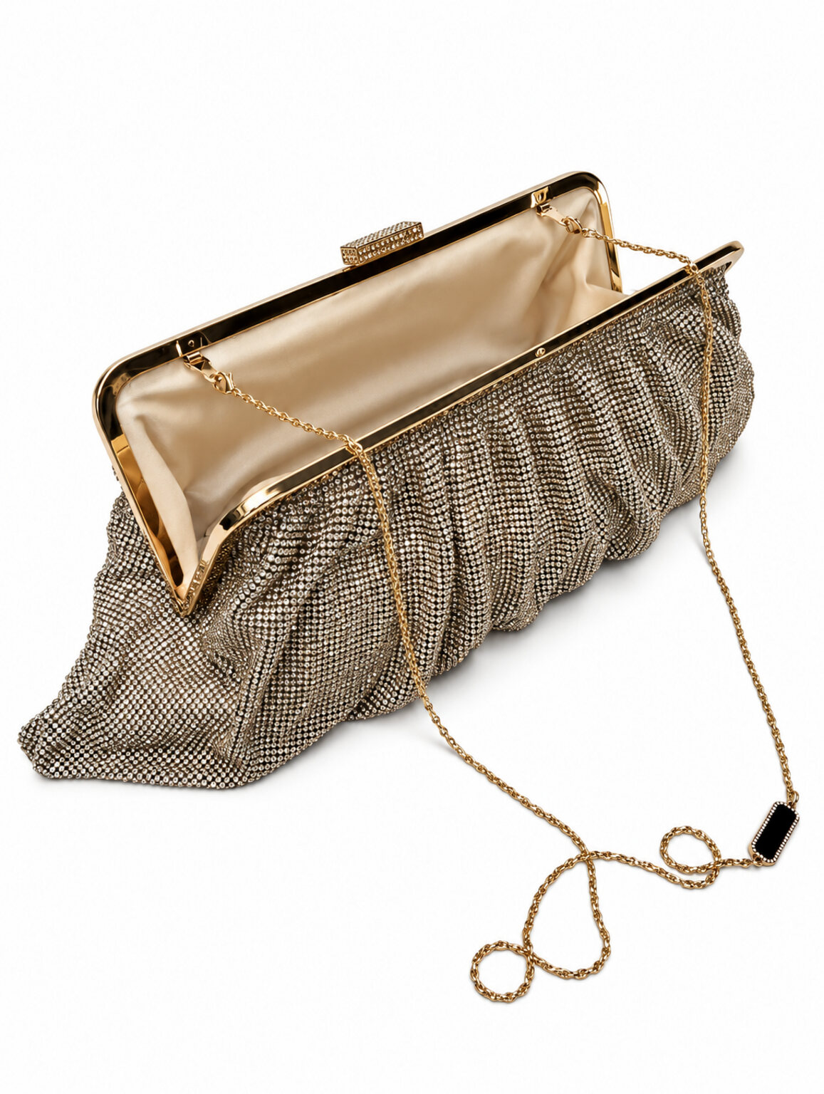 Borsa Zevara TWENTYFOURHAITCH color oro con superficie plissettata e dettagli brillanti, chiusura metallica e tracolla a catena oro